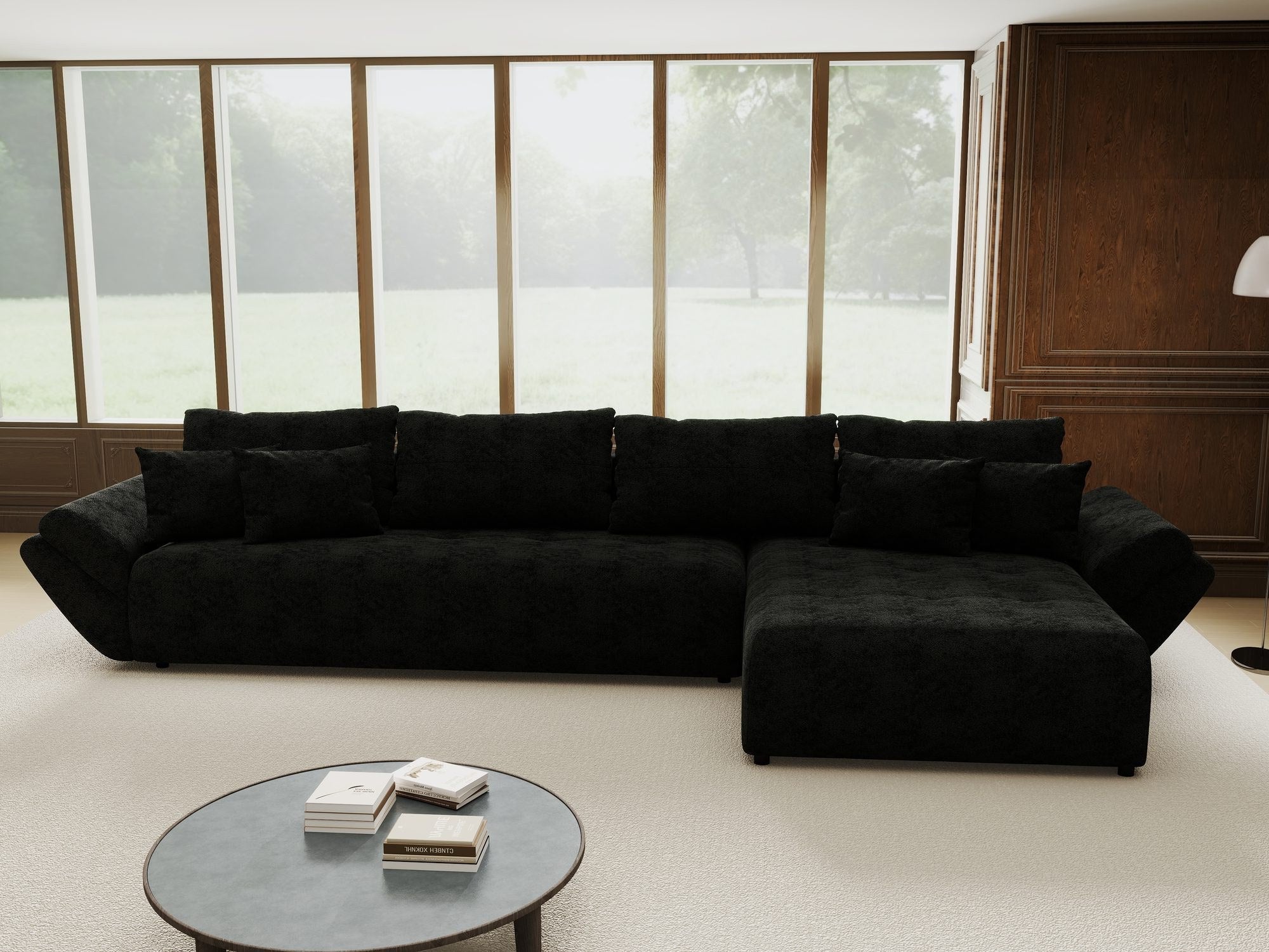 Colțar extensibil dumonde cu ladă de depozitare si sezut confortabil din spuma high-density, Berlin XL Quelle Negru 100 II 350x185 cm