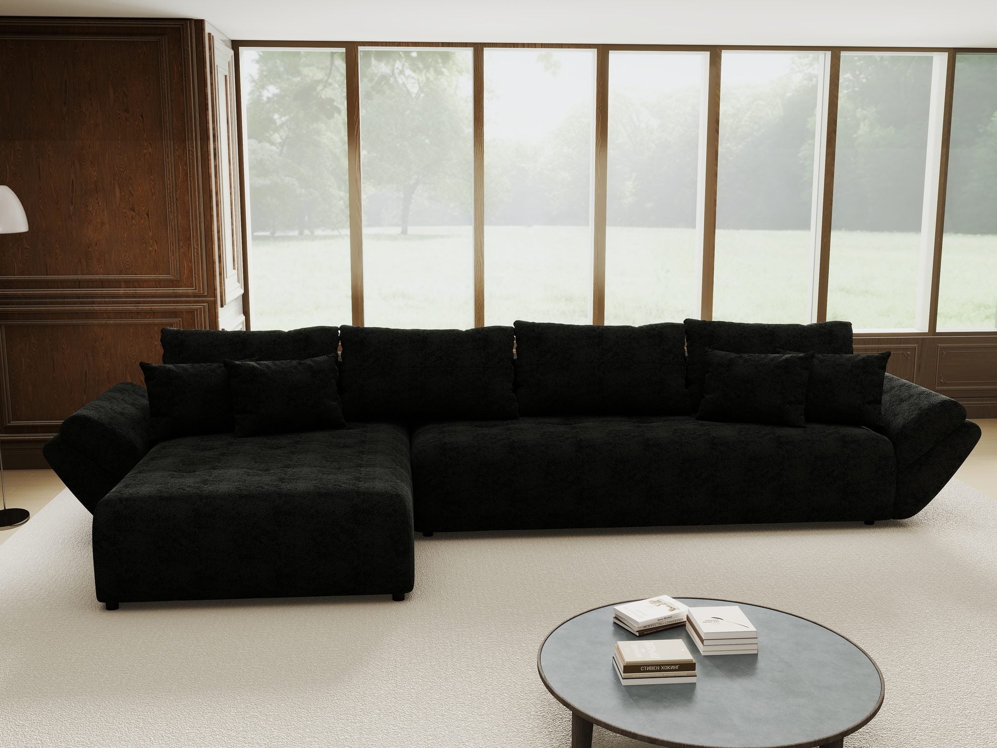 Colțar extensibil dumonde cu ladă de depozitare si sezut confortabil din spuma high-density, Berlin XL Quelle Negru 100 350x185 cm