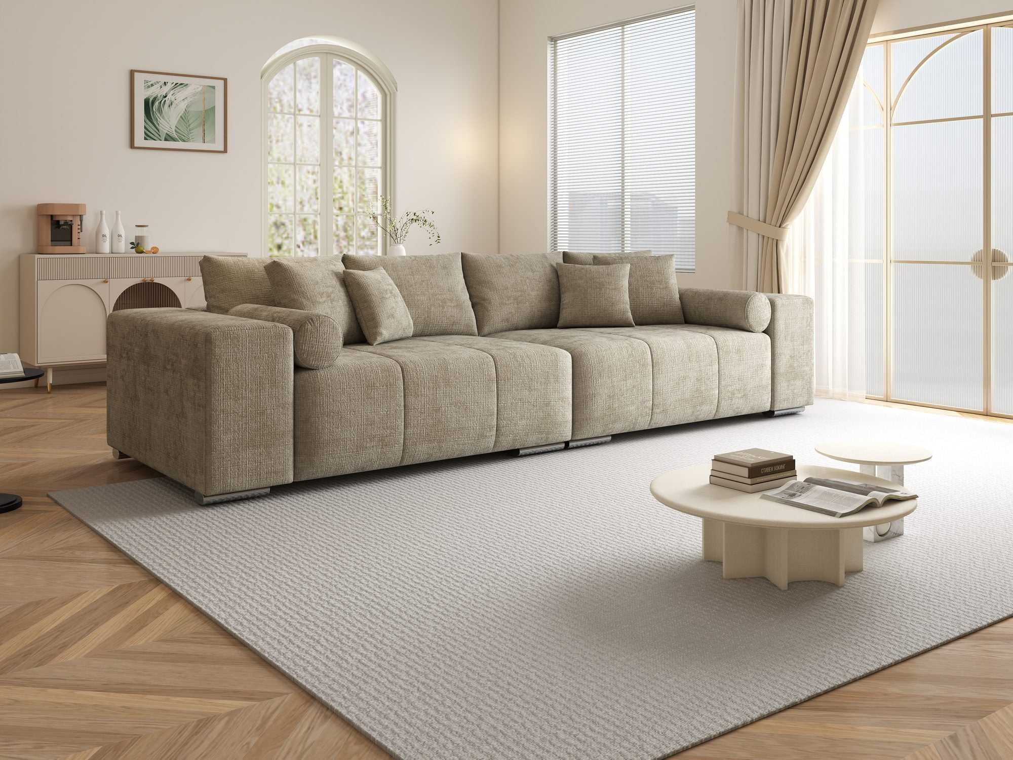Canapea extensibilă dumonde cu ladă de depozitare si sezut confortabil din spuma high-density, Marbela XXL Cremona Bej 14 290x100 cm