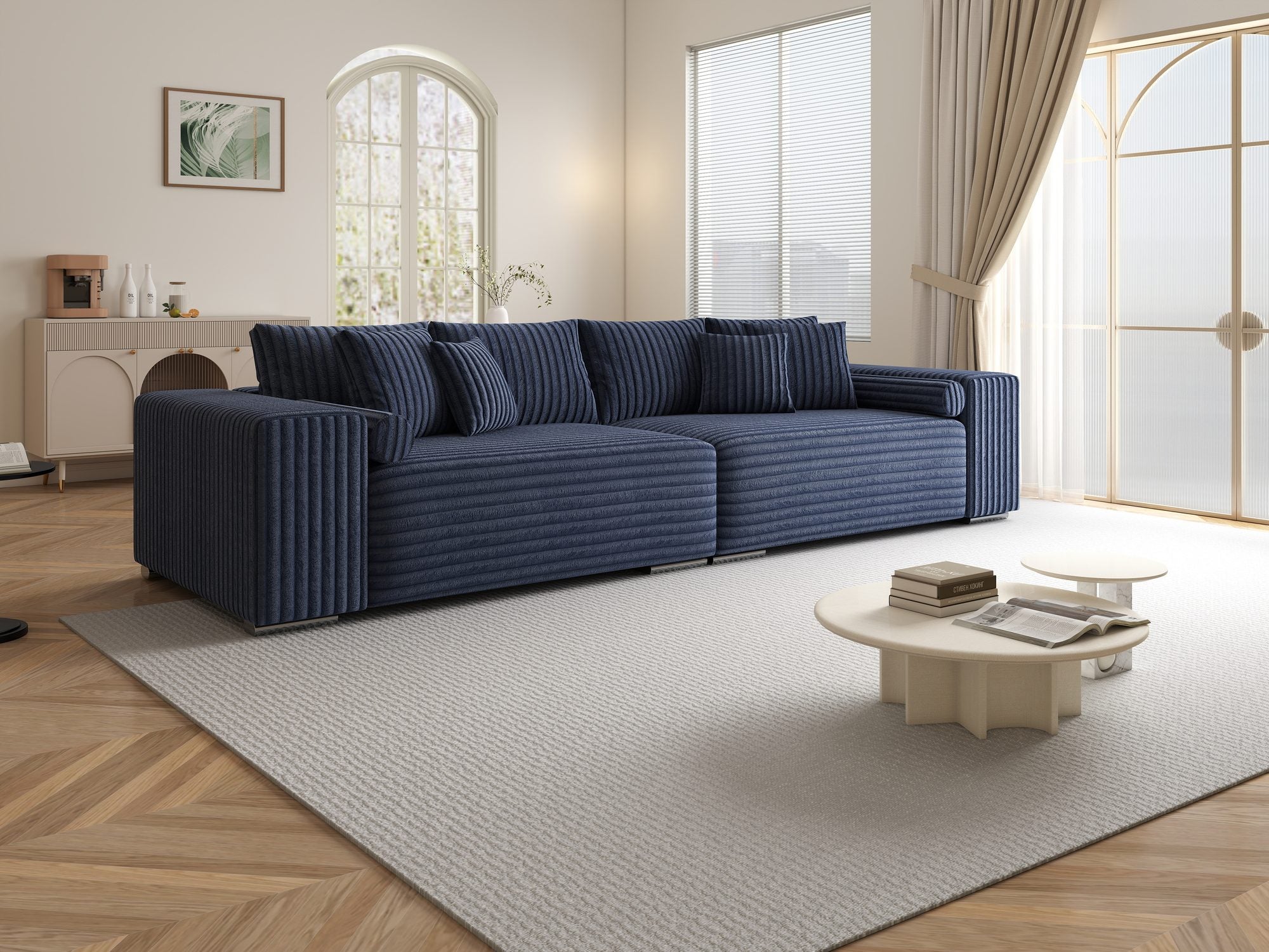 Canapea extensibilă dumonde cu ladă de depozitare si sezut confortabil din spuma high-density, Marbela XXL Tilia Albastru 77 290x100 cm