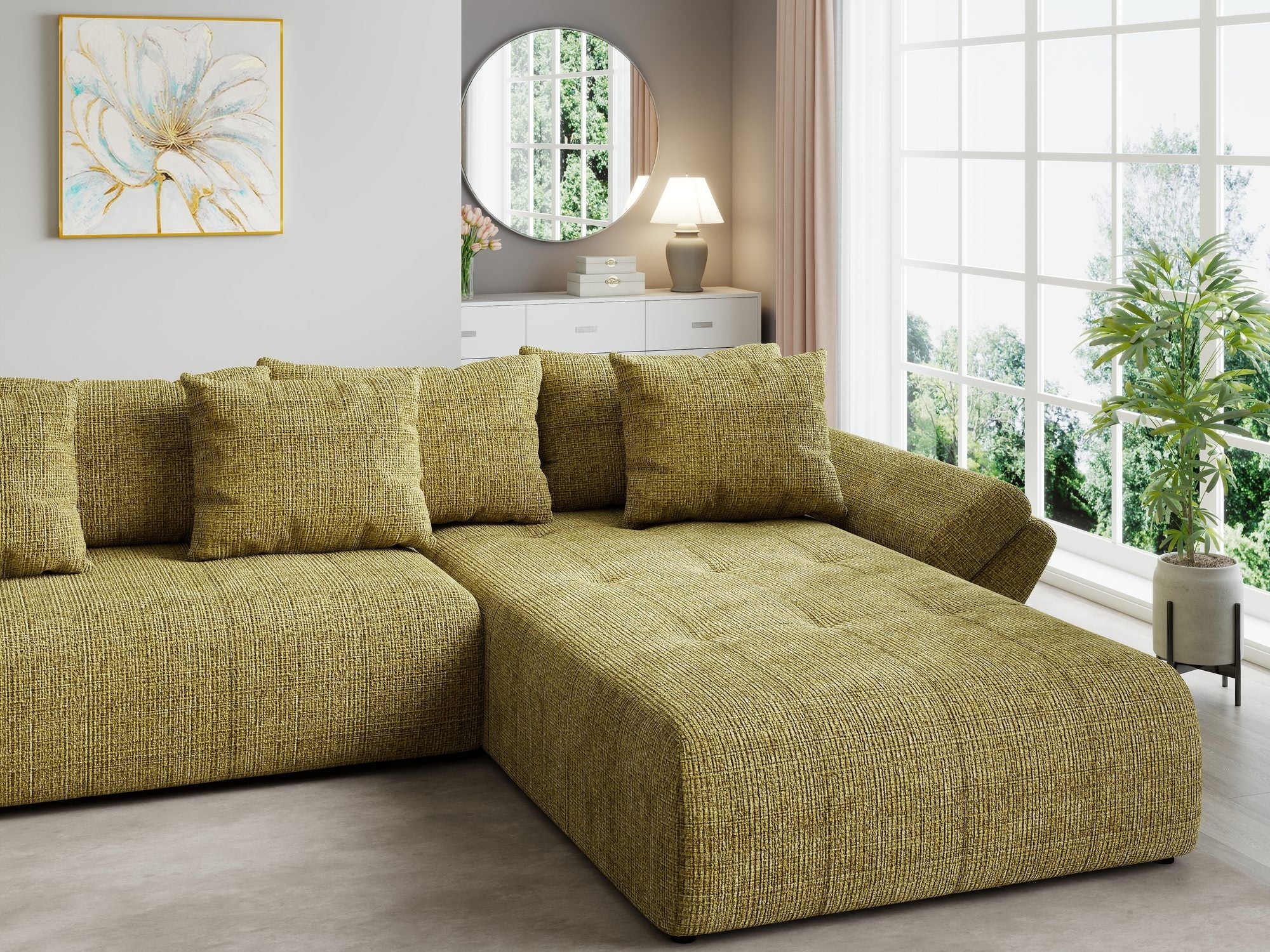 Colțar extensibil dumonde cu ladă de depozitare si sezut confortabil din spuma high-density, Berlin U Cremona Olive 38 380x180 cm