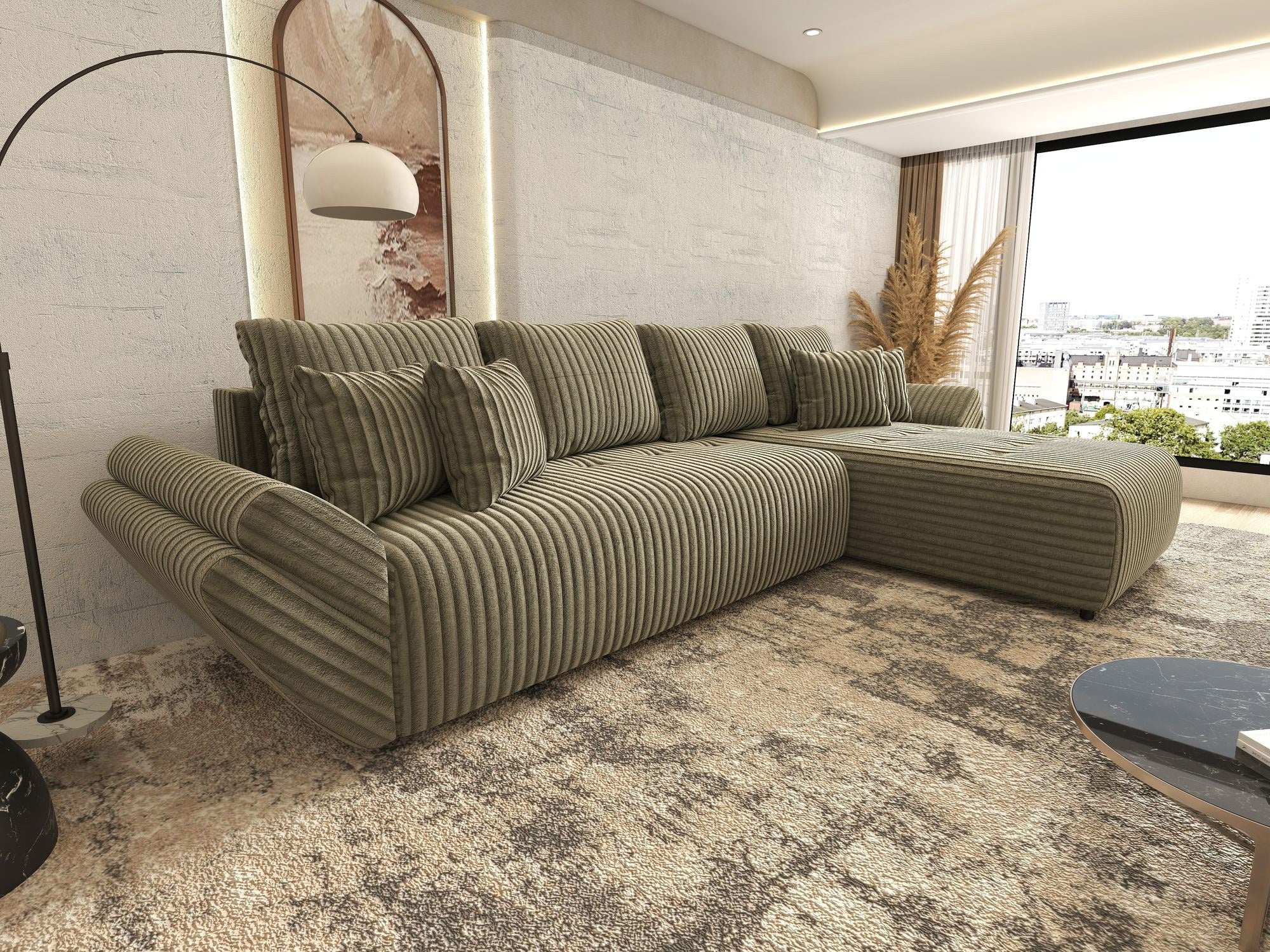 Colțar extensibil dumonde cu ladă de depozitare si sezut confortabil din spuma high-density, Berlin XL Tilia Verde Olive 37 II 350x185 cm