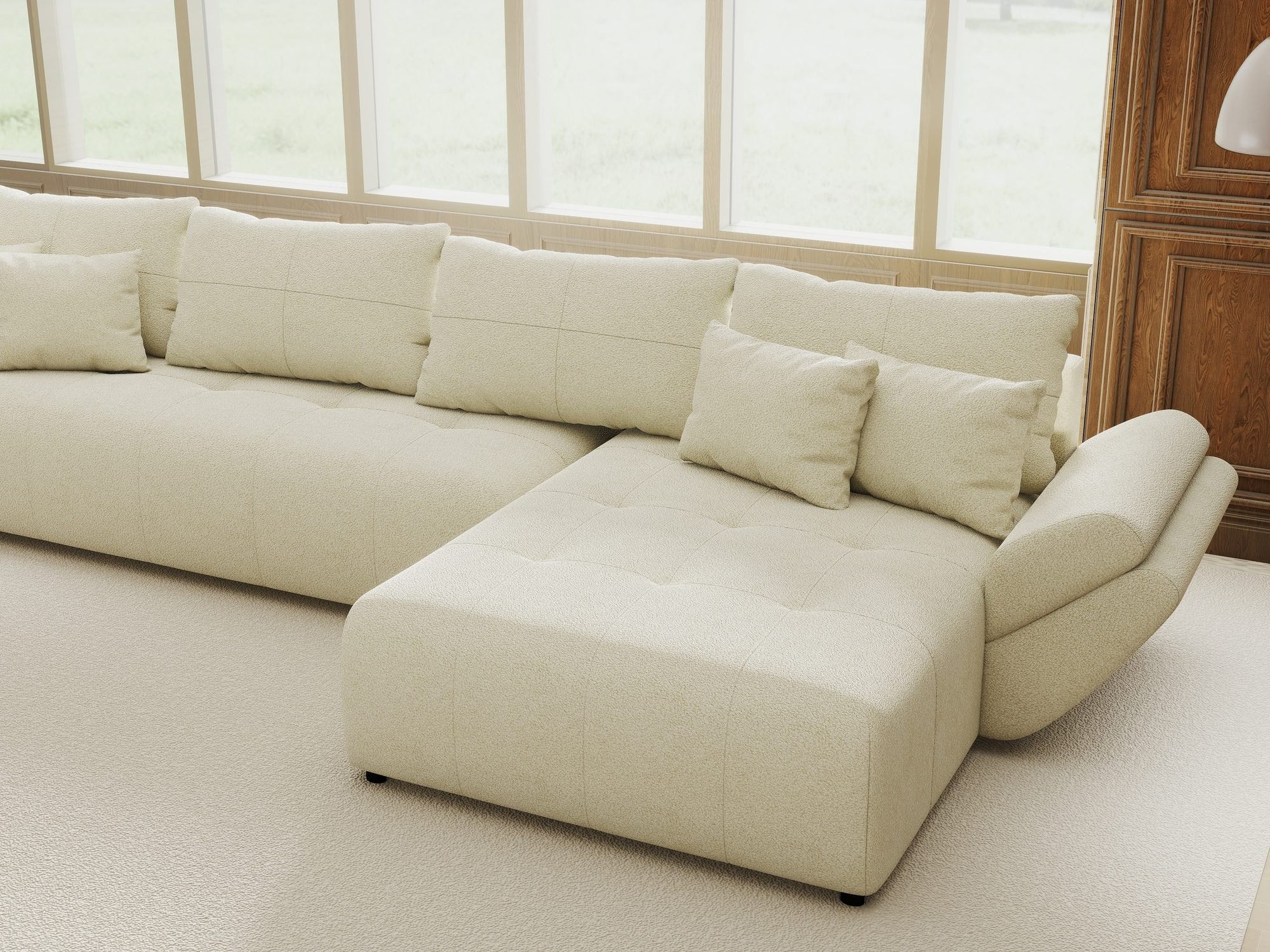 Colțar extensibil dumonde cu ladă de depozitare si sezut confortabil din spuma high-density, Berlin XL Quelle Bej 02 II 350x185 cm