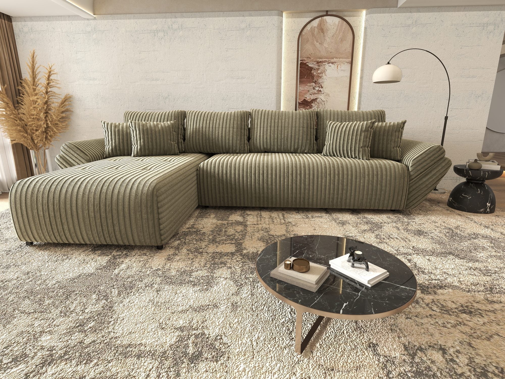 Colțar extensibil dumonde cu ladă de depozitare si sezut confortabil din spuma high-density, Berlin XL Tilia Verde Olive 37 350x185 cm