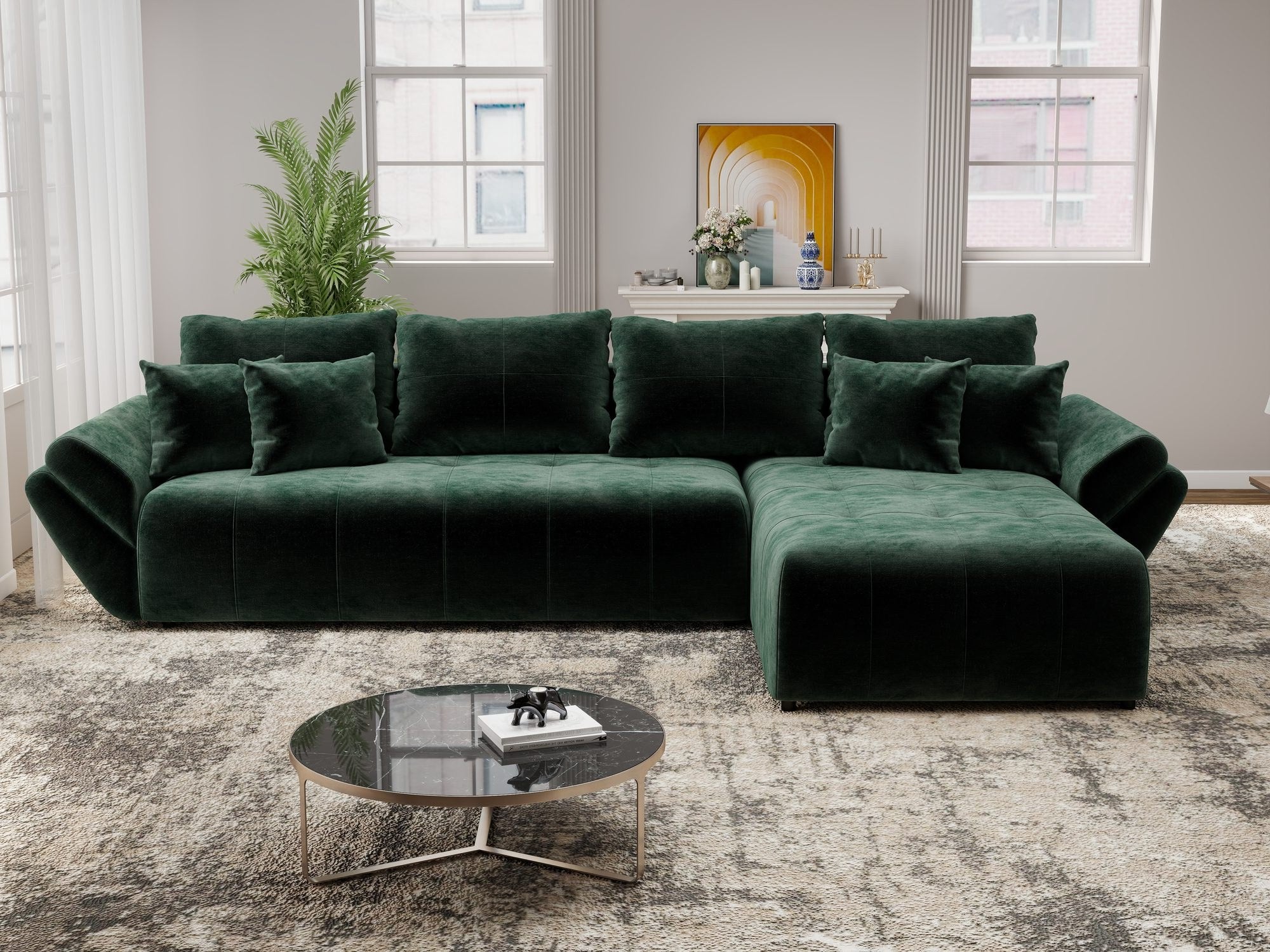 Colțar extensibil dumonde cu ladă de depozitare si sezut confortabil din spuma high-density, Berlin XL Monolith Verde 37 II 350x185 cm