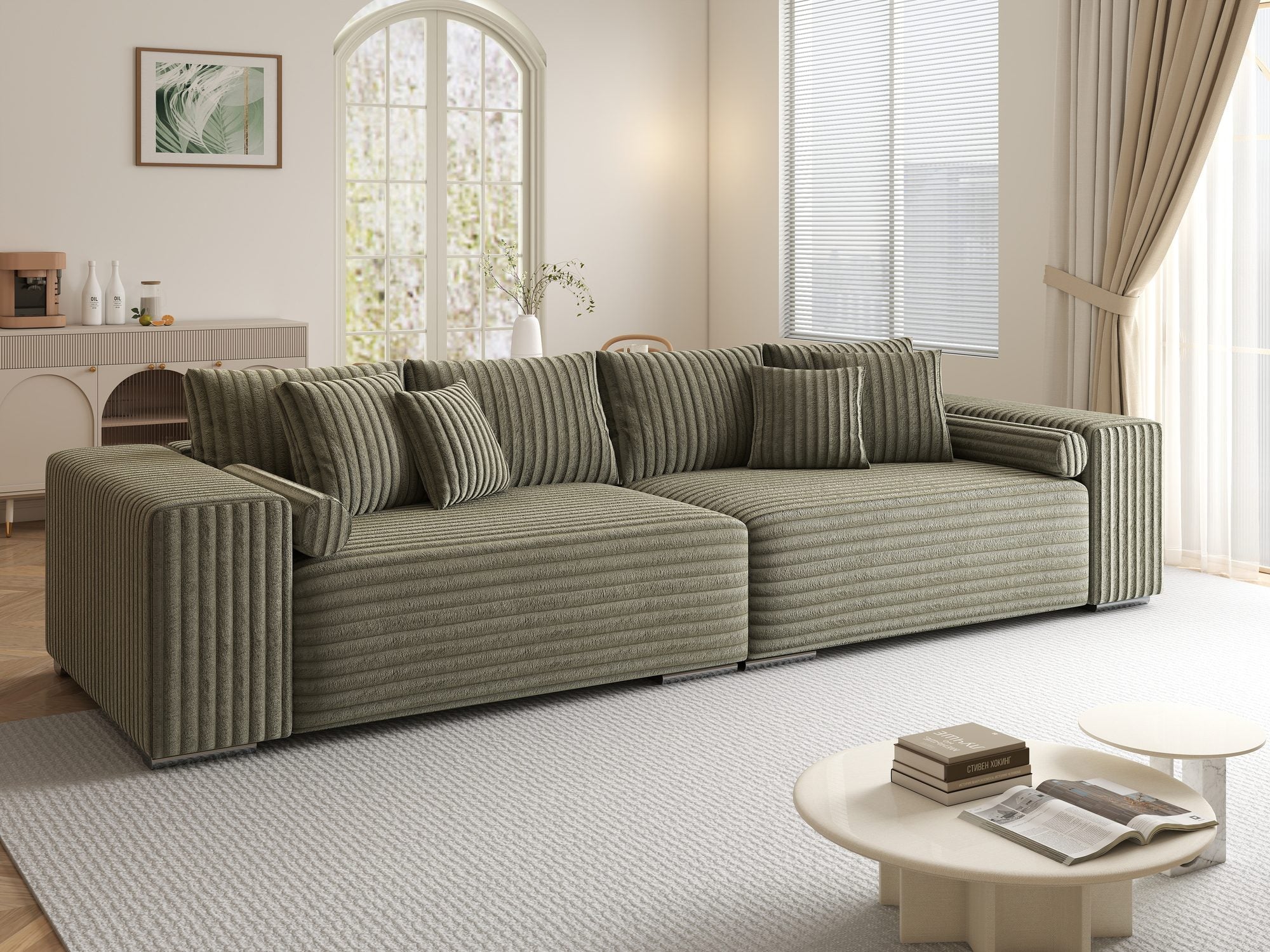 Canapea extensibilă dumonde cu ladă de depozitare si sezut confortabil din spuma high-density, Marbela XXL Tilia Verde Olive 37 290x100 cm