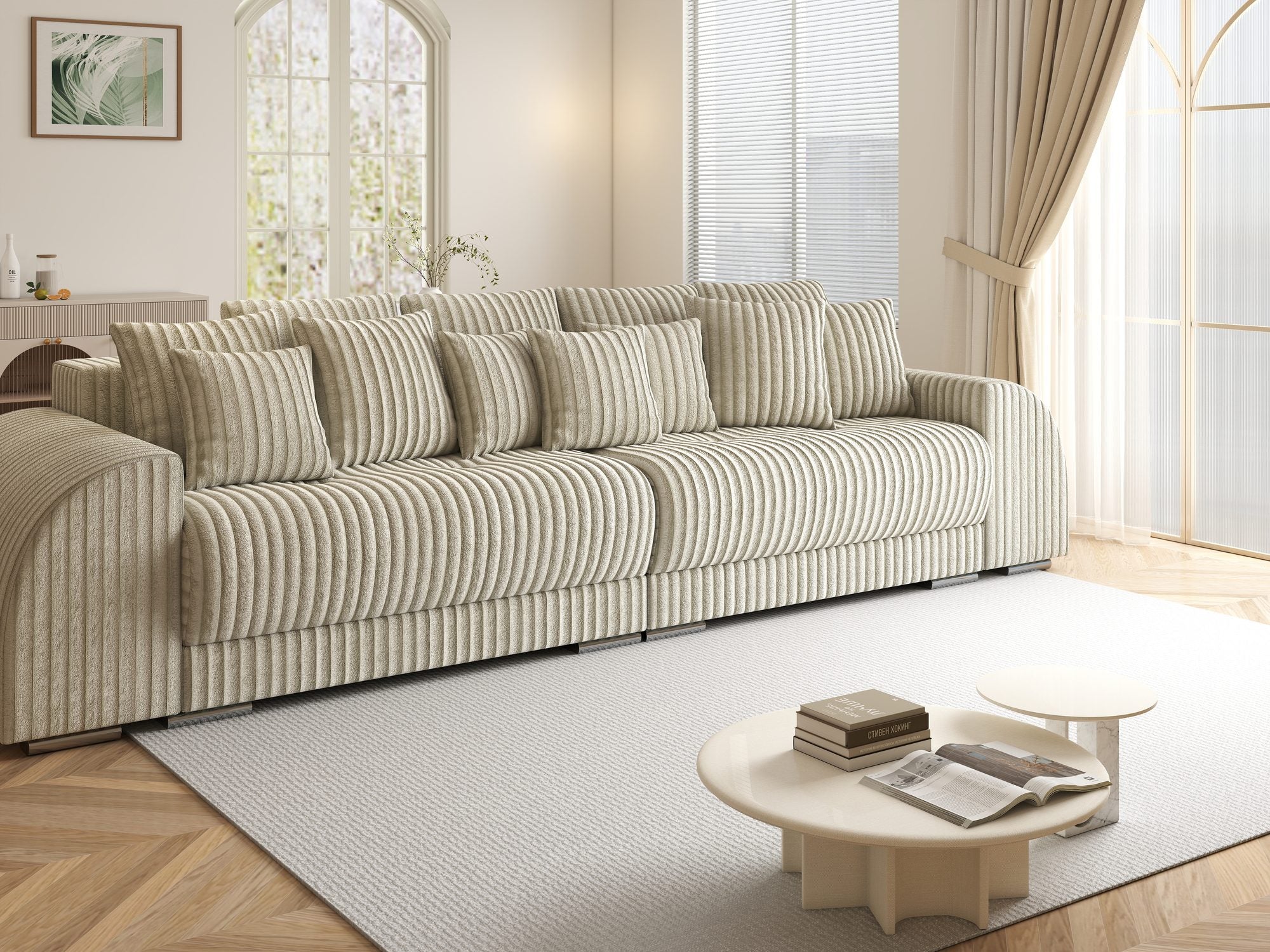 Canapea extensibilă dumonde cu 2 lăzi de depozitare si sezut confortabil din spuma high-density, Verona Tilia Bej 08 310x100 cm