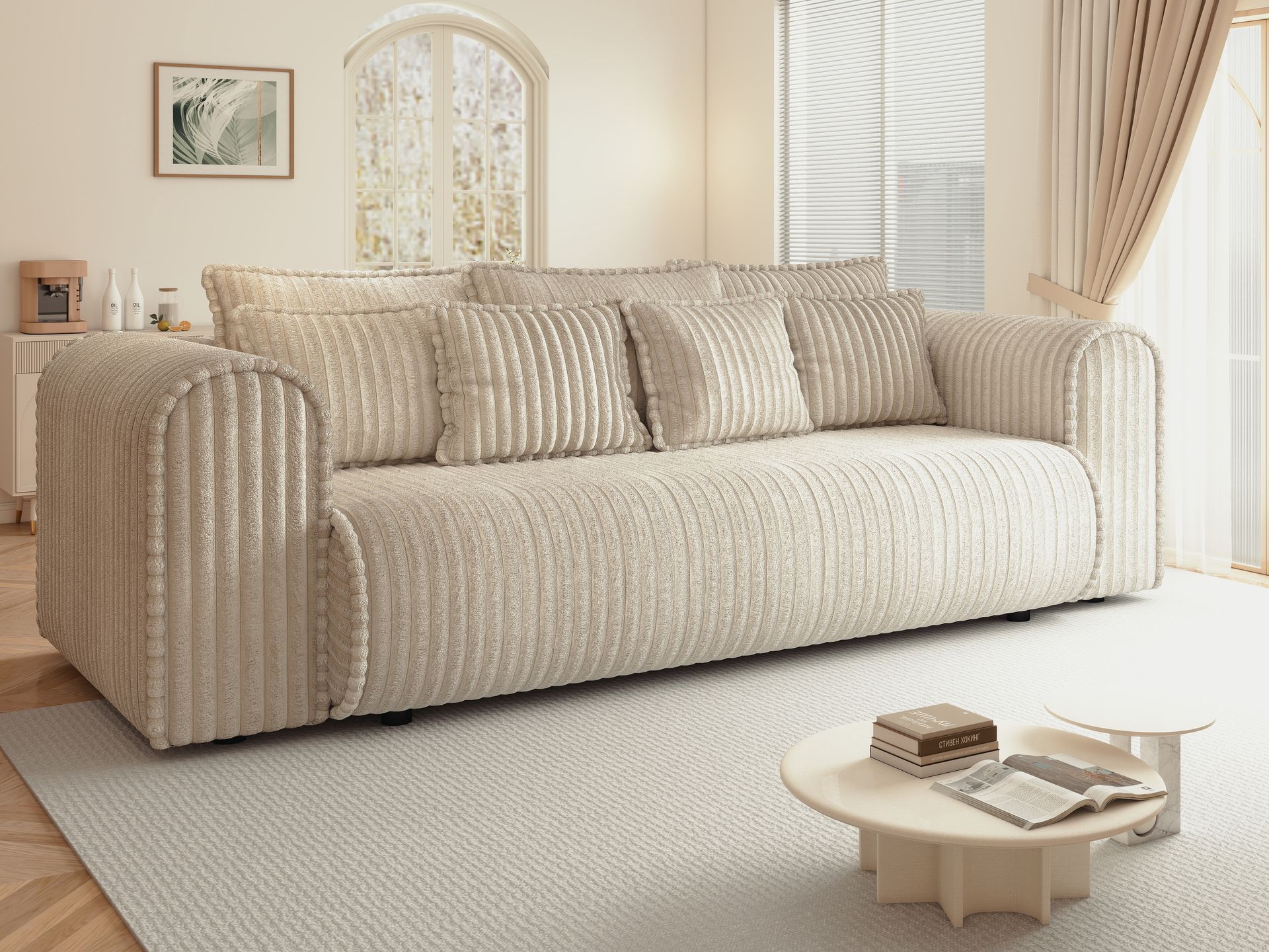 Canapea extensibilă dumonde cu ladă de depozitare si sezut confortabil din spuma high-density, Monaco Mica Tilia Crem 240x100 cm