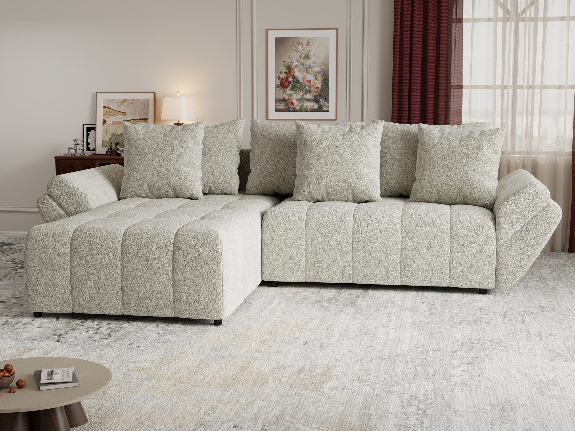 Colțar extensibil dumonde cu ladă de depozitare si sezut confortabil din spuma high-density, Berlin Arena Bej 20 280x185 cm