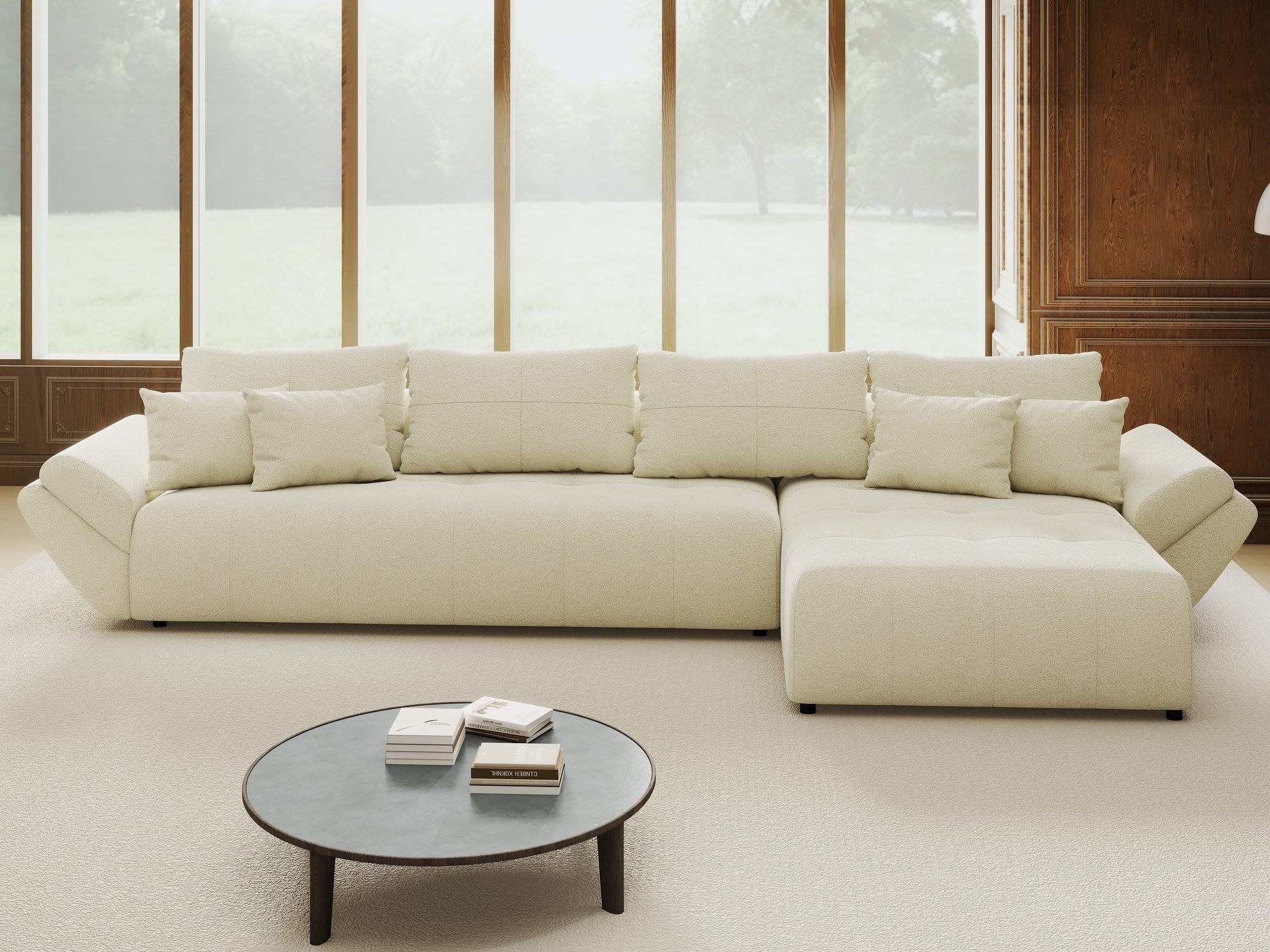 Colțar extensibil dumonde cu ladă de depozitare si sezut confortabil din spuma high-density, Berlin XL Quelle Bej 02 II 350x185 cm