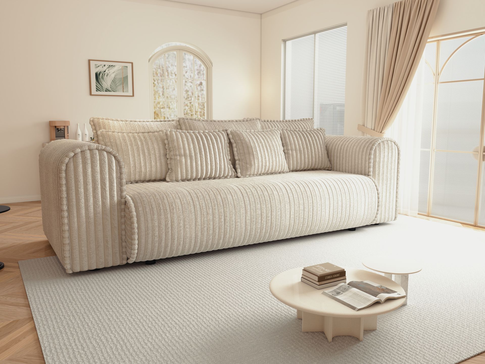 Canapea extensibilă dumonde cu ladă de depozitare si sezut confortabil din spuma high-density, Monaco Mica Tilia Crem 240x100 cm