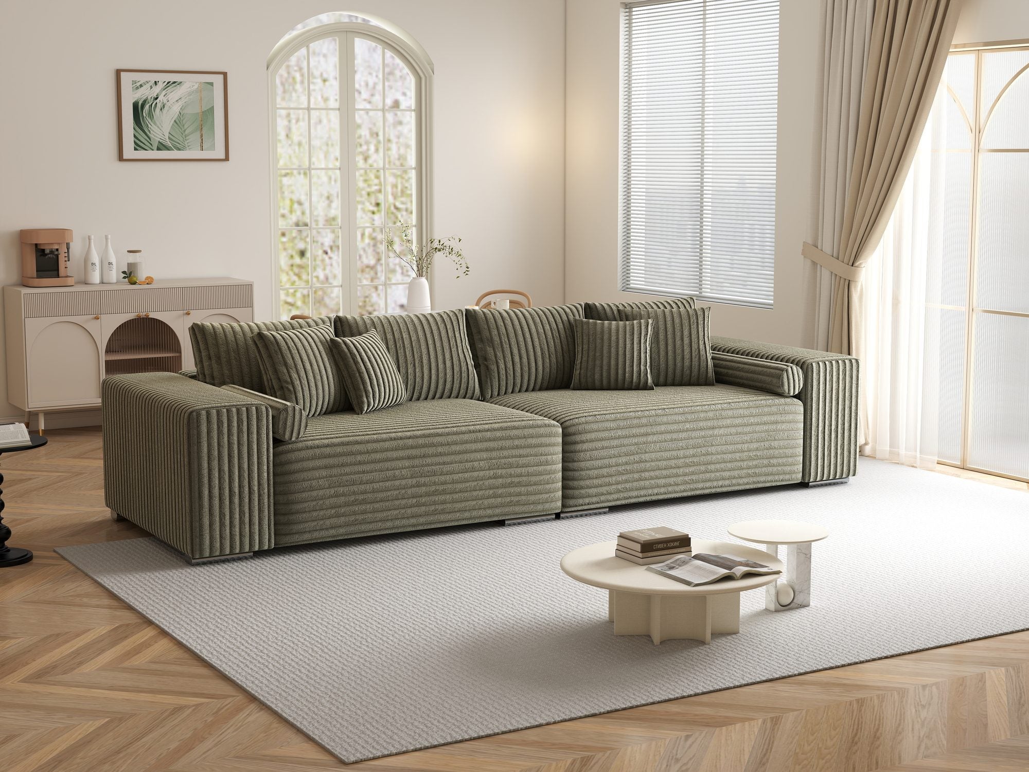 Canapea extensibilă dumonde cu ladă de depozitare si sezut confortabil din spuma high-density, Marbela XXL Tilia Verde Olive 37 290x100 cm