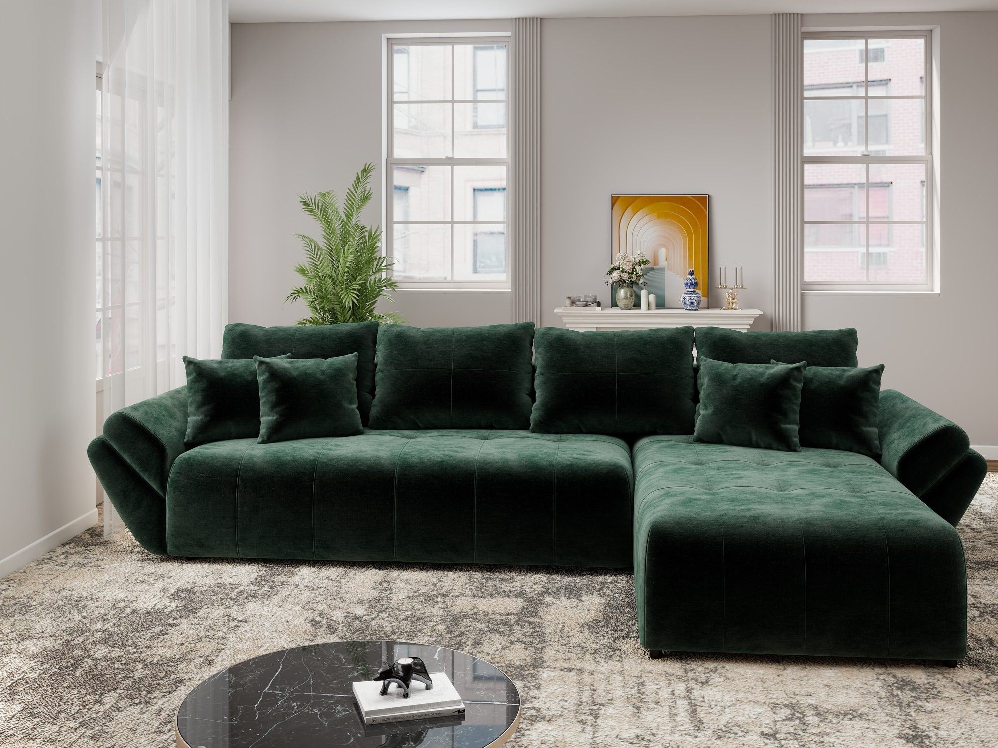 Colțar extensibil dumonde cu ladă de depozitare si sezut confortabil din spuma high-density, Berlin XL Monolith Verde 37 II 350x185 cm