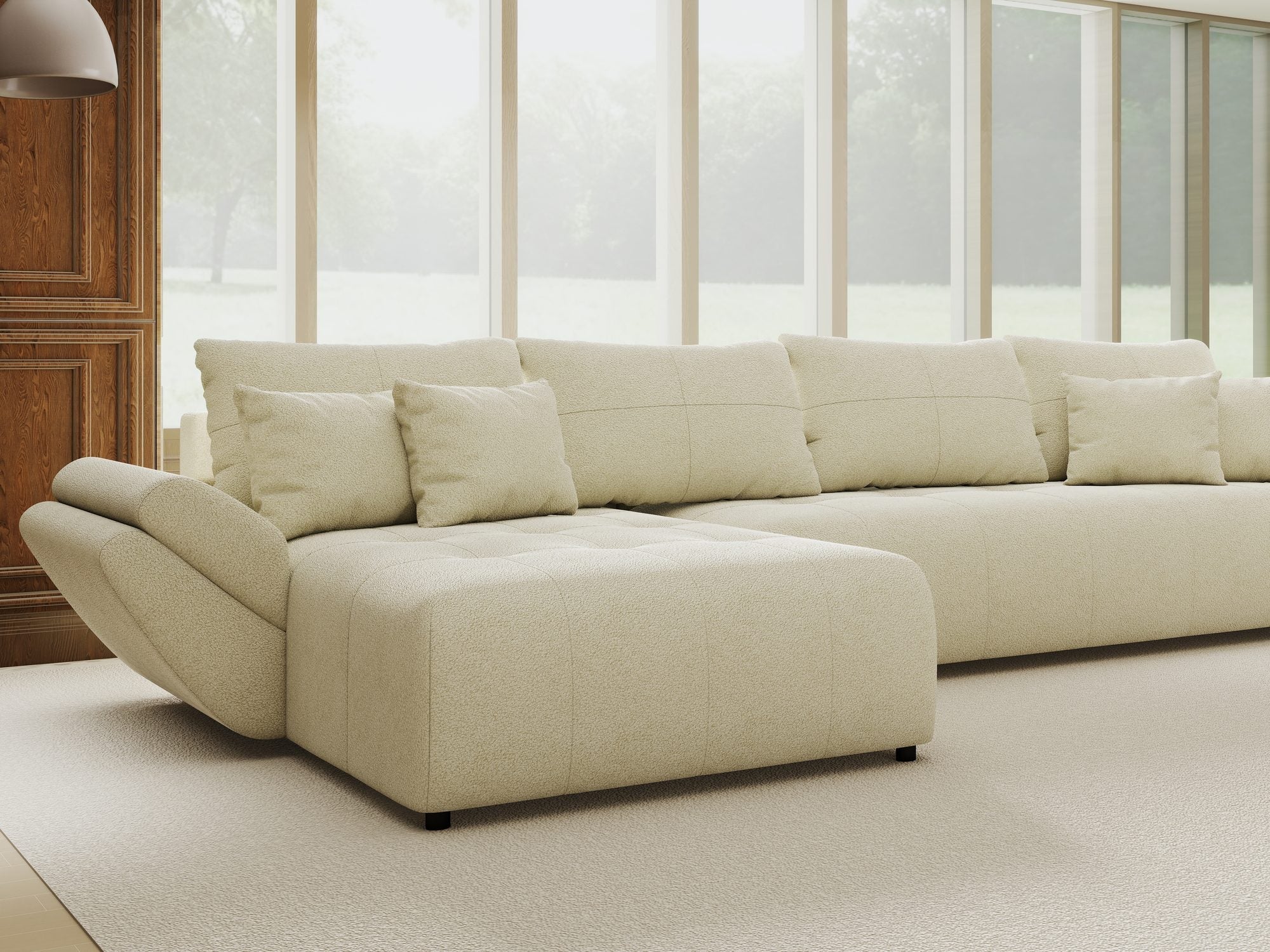 Colțar extensibil dumonde cu ladă de depozitare si sezut confortabil din spuma high-density, Berlin XL Quelle Bej 02 350x185 cm