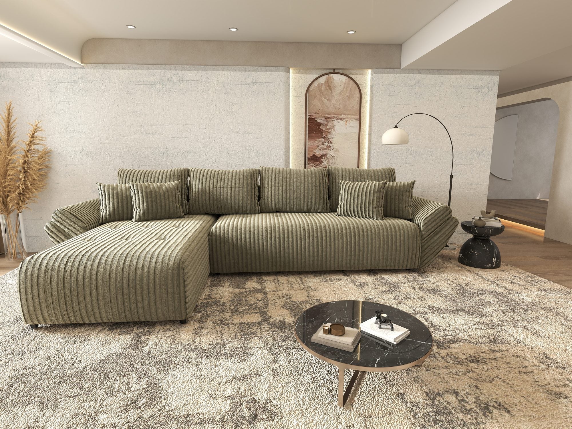 Colțar extensibil dumonde cu ladă de depozitare si sezut confortabil din spuma high-density, Berlin XL Tilia Verde Olive 37 350x185 cm