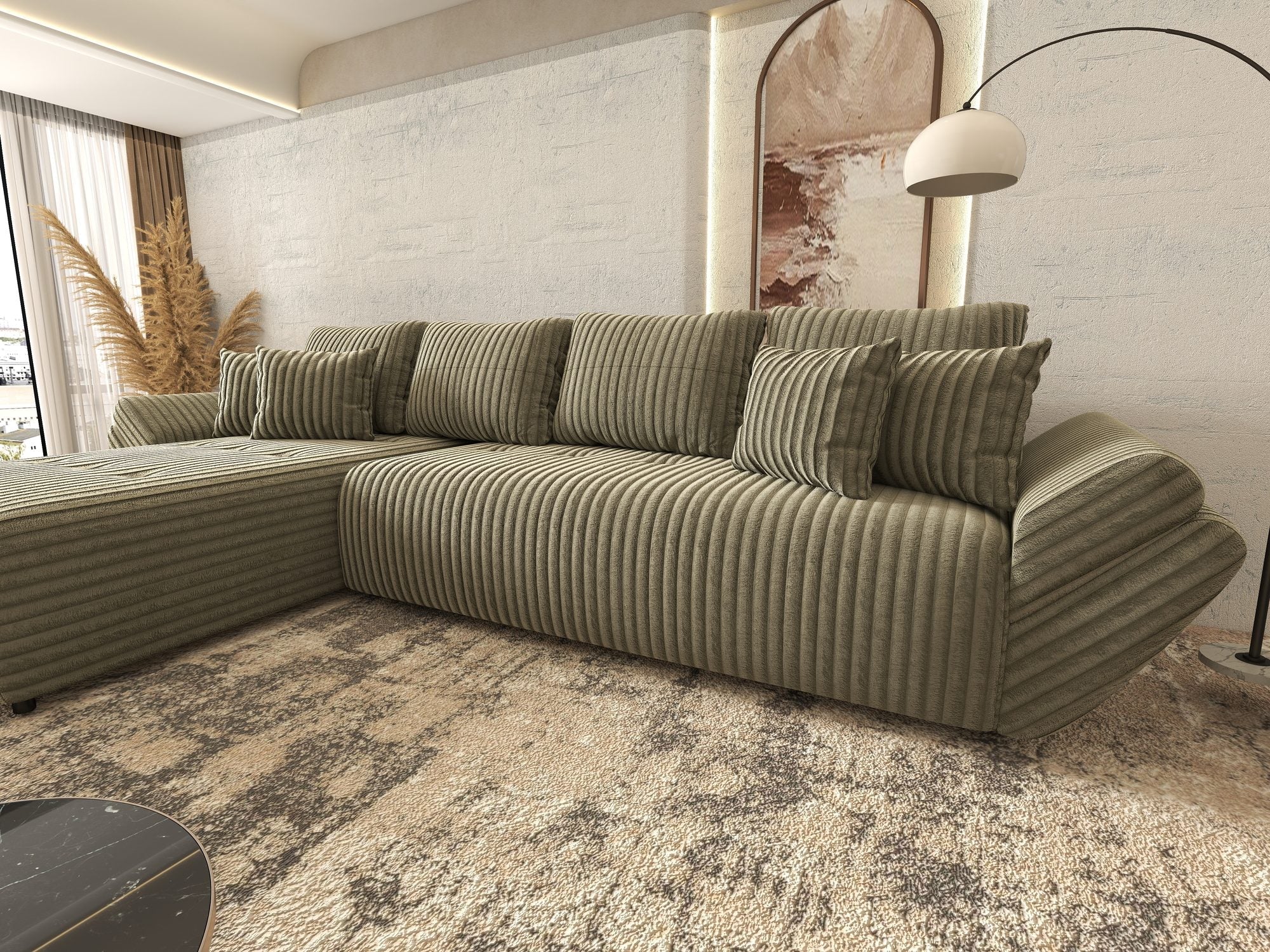 Colțar extensibil dumonde cu ladă de depozitare si sezut confortabil din spuma high-density, Berlin XL Tilia Verde Olive 37 350x185 cm
