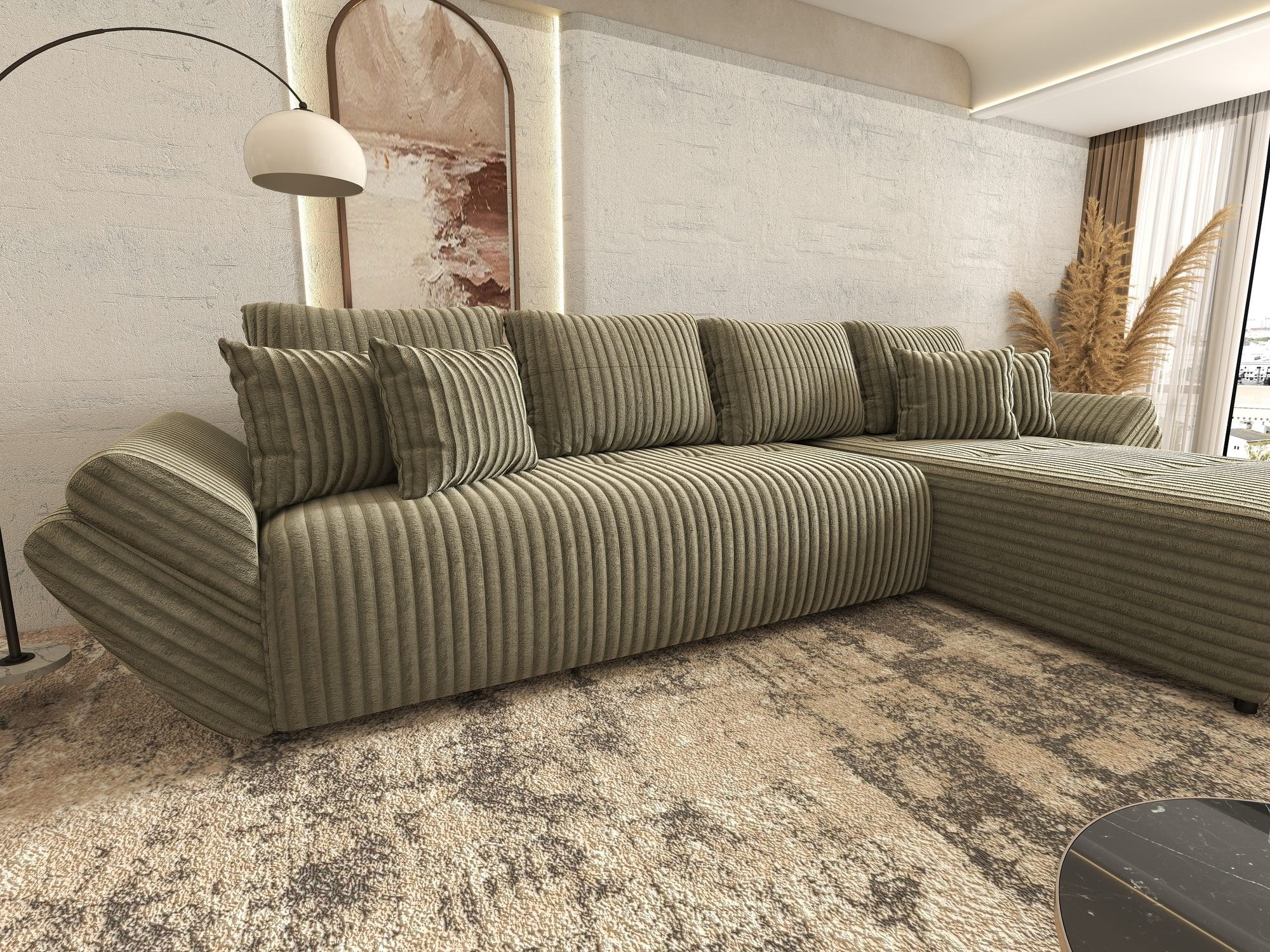 Colțar extensibil dumonde cu ladă de depozitare si sezut confortabil din spuma high-density, Berlin XL Tilia Verde Olive 37 II 350x185 cm