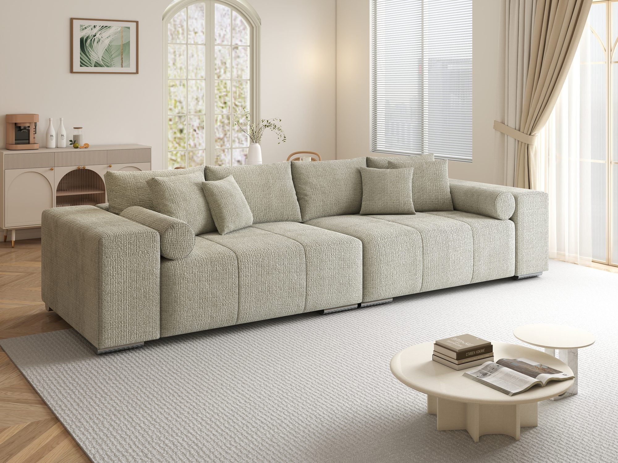 Canapea extensibilă dumonde cu ladă de depozitare si sezut confortabil din spuma high-density, Marbela XXL Cremona Bej 04 290x100 cm