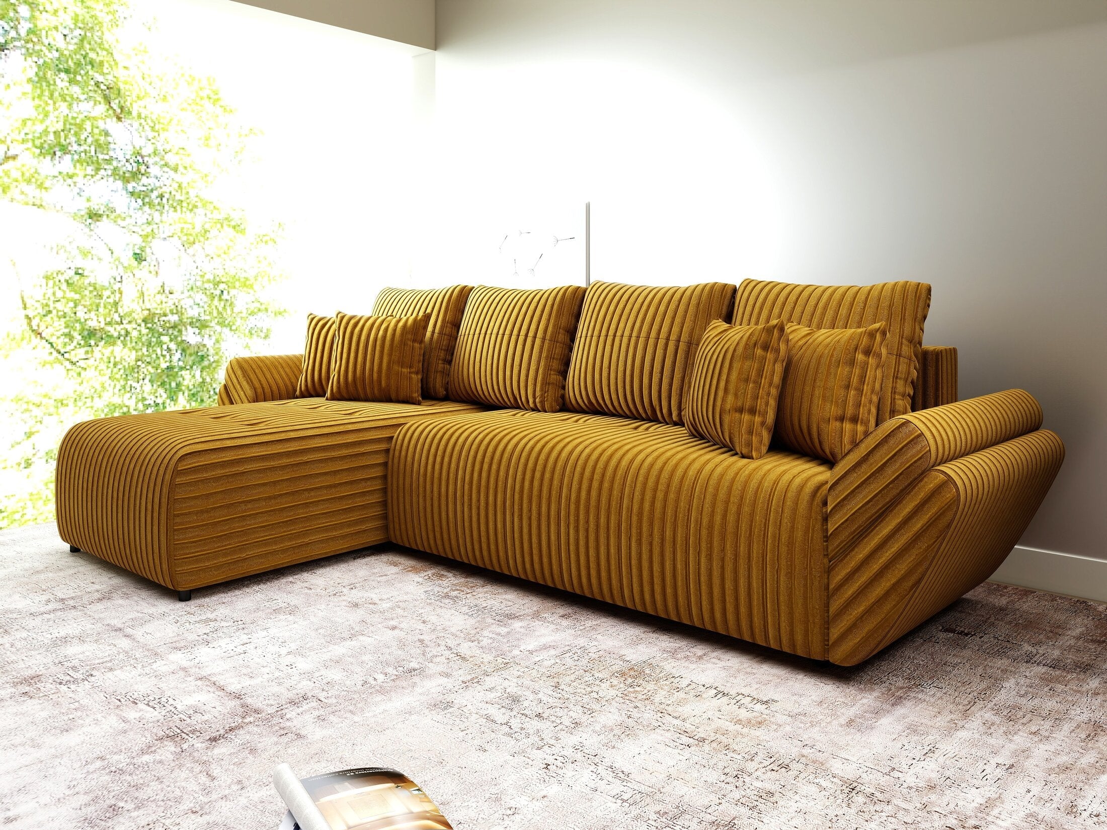 Colțar extensibil dumonde cu ladă de depozitare si sezut confortabil din spuma high-density, Berlin XL Ambience Mustar 350x185 cm