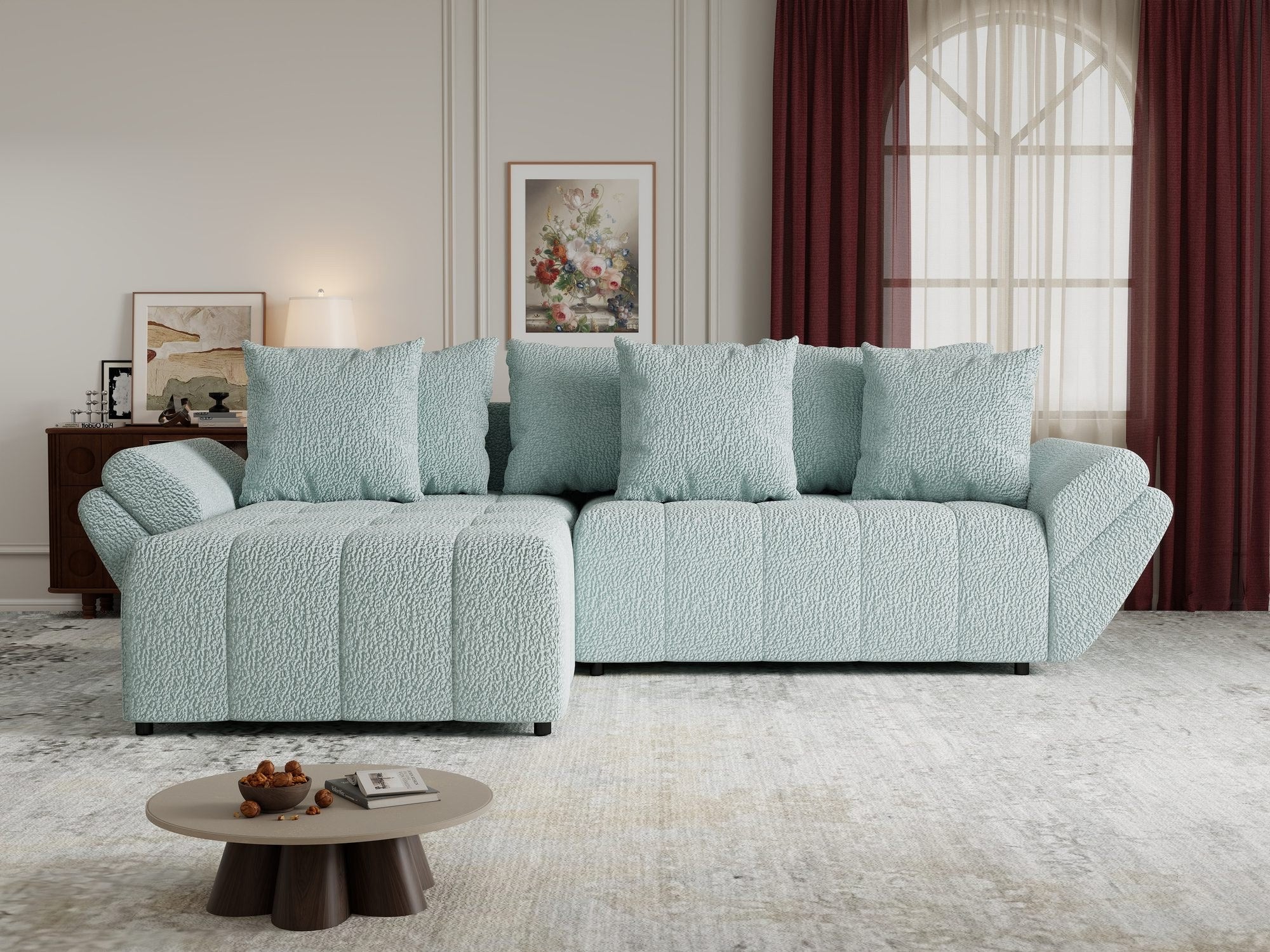 Colțar extensibil dumonde cu ladă de depozitare si sezut confortabil din spuma high-density, Berlin Jaguar Verde Mint 16 280x185 cm