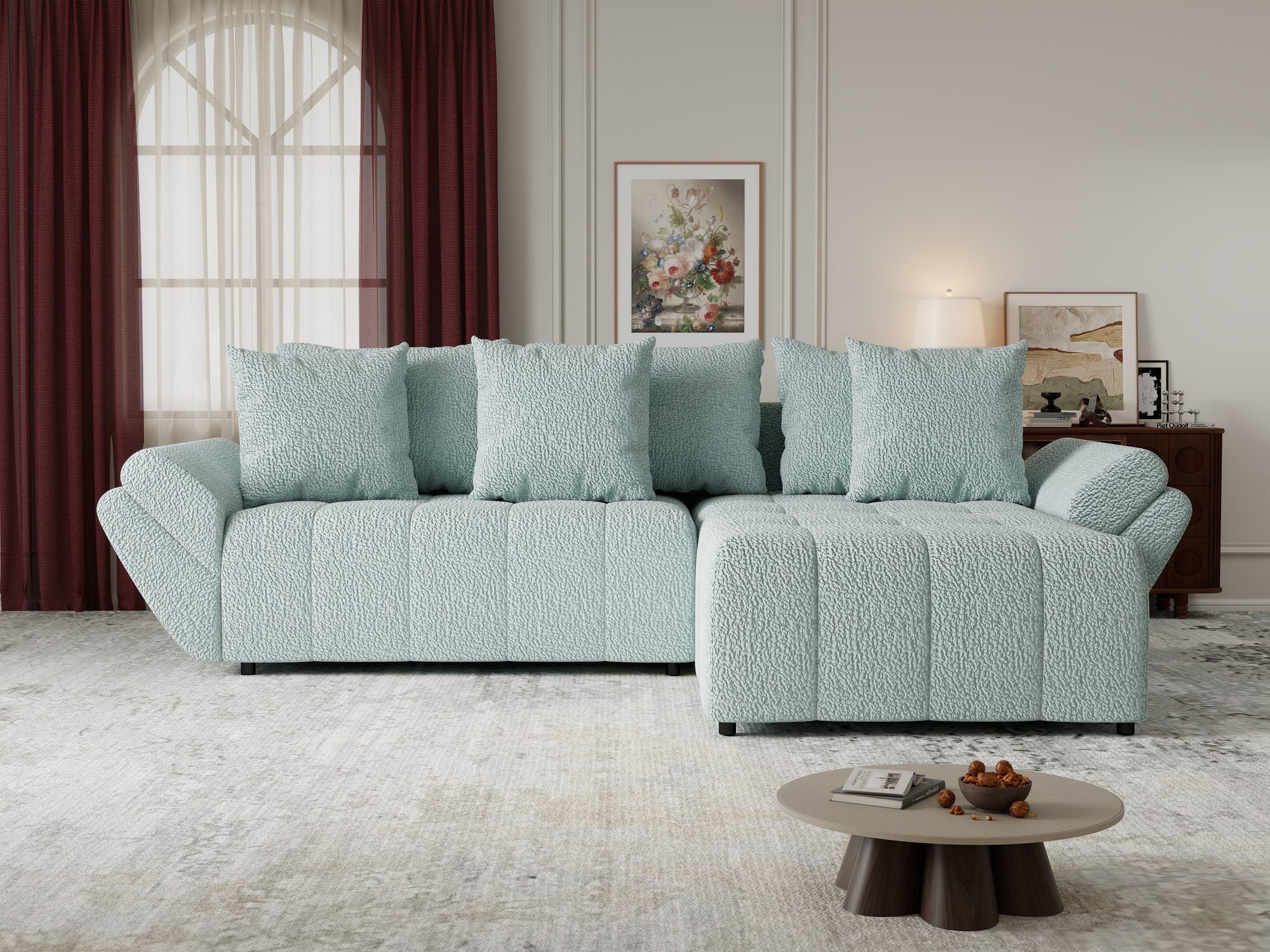 Colțar extensibil dumonde cu ladă de depozitare si sezut confortabil din spuma high-density, Berlin Jaguar Verde Mint 16 II 280x185 cm