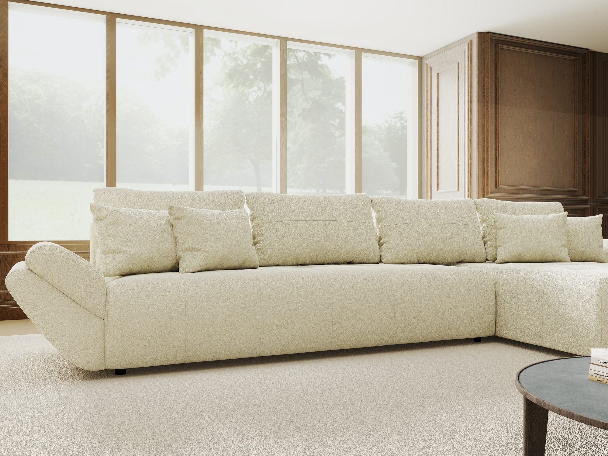 Colțar extensibil dumonde cu ladă de depozitare si sezut confortabil din spuma high-density, Berlin XL Quelle Bej 02 II 350x185 cm