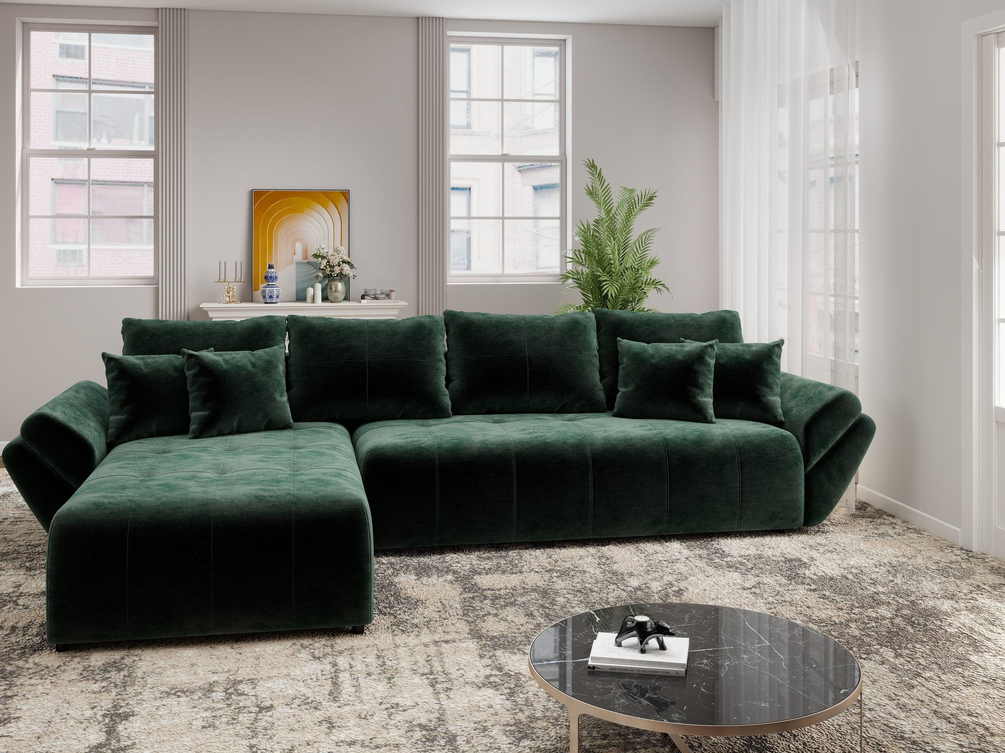 Colțar extensibil dumonde cu ladă de depozitare si sezut confortabil din spuma high-density, Berlin XL Monolith Verde 37 350x185 cm