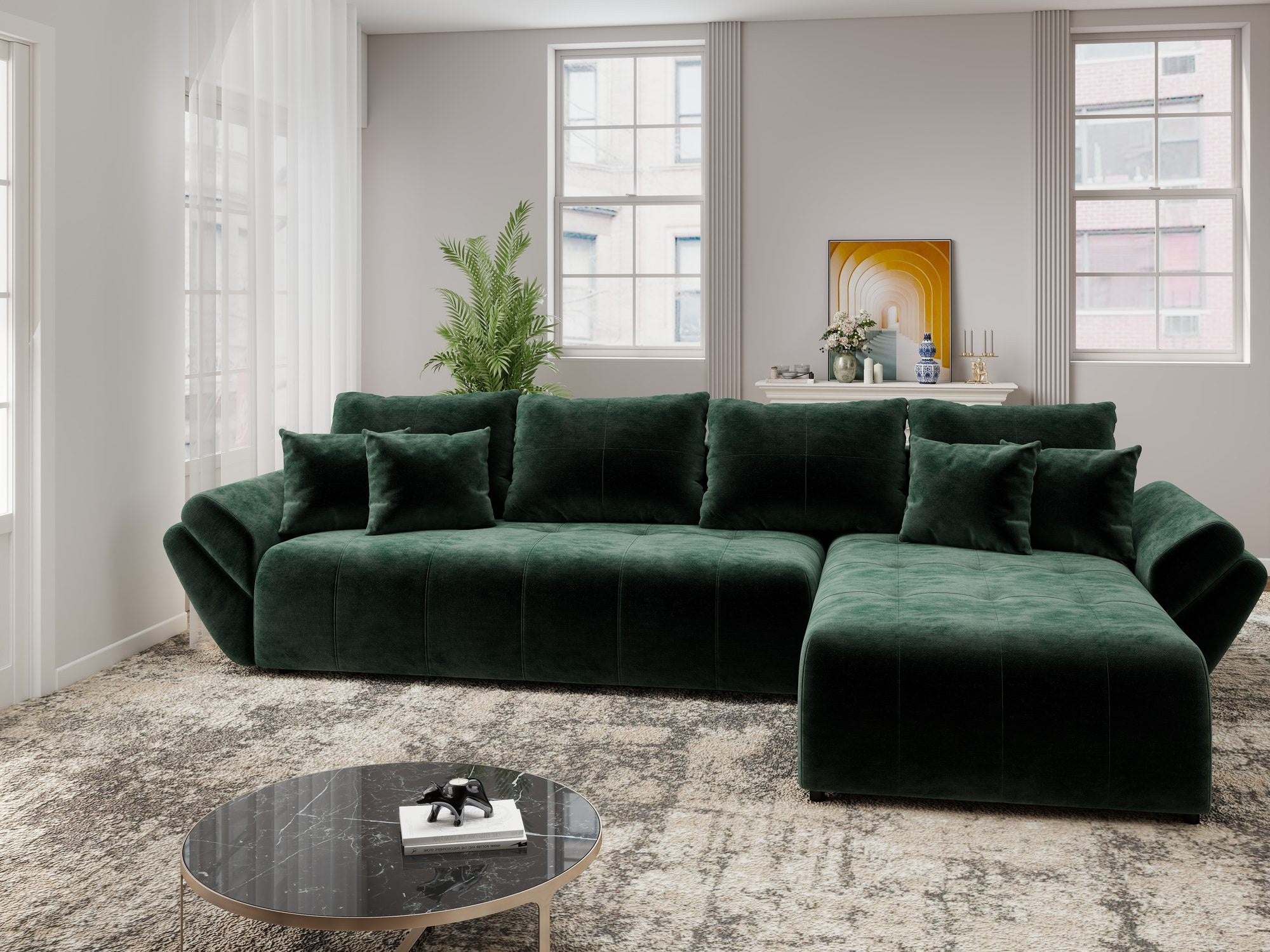 Colțar extensibil dumonde cu ladă de depozitare si sezut confortabil din spuma high-density, Berlin XL Monolith Verde 37 II 350x185 cm