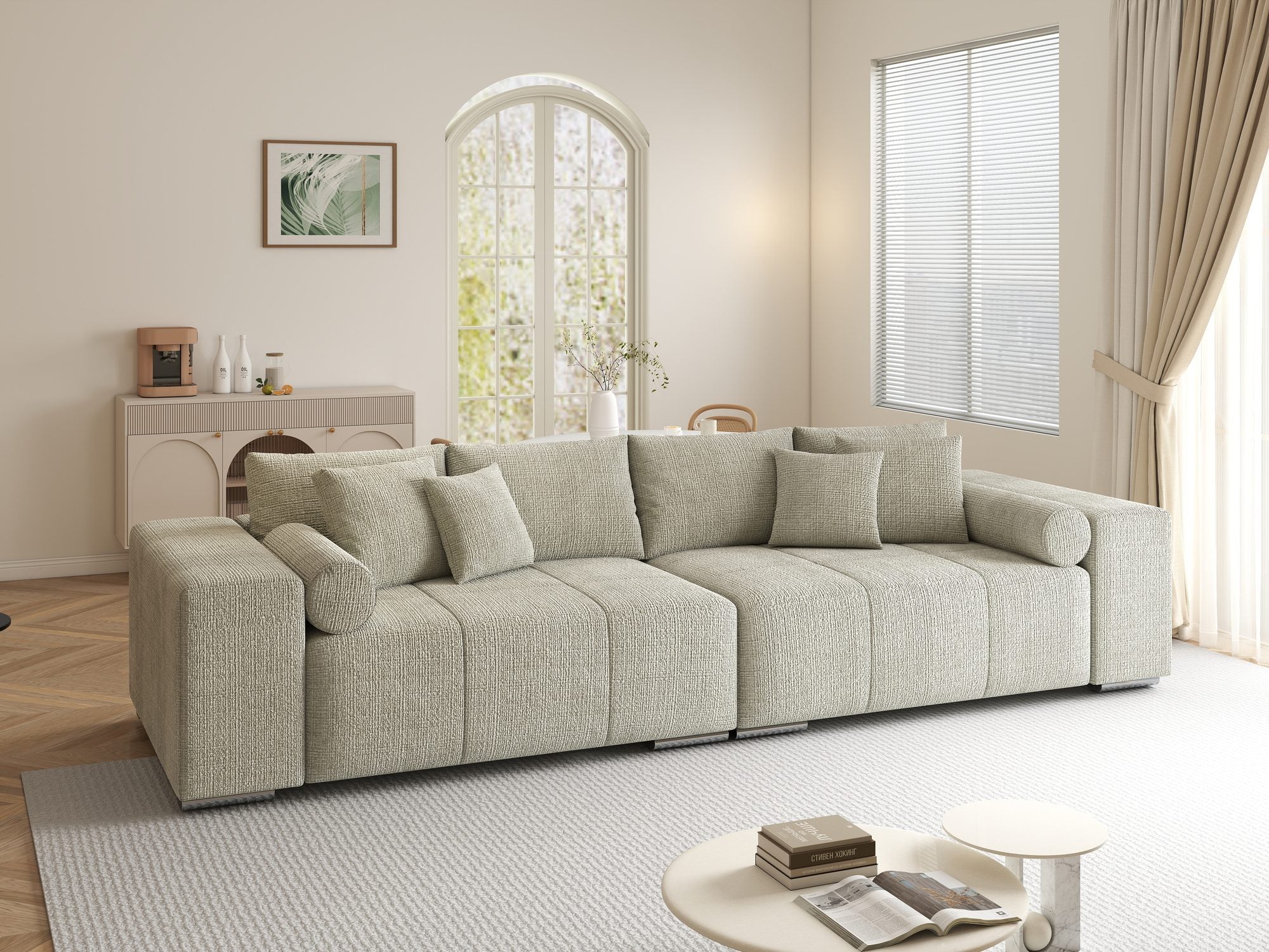 Canapea extensibilă dumonde cu ladă de depozitare si sezut confortabil din spuma high-density, Marbela XXL Cremona Bej 04 290x100 cm
