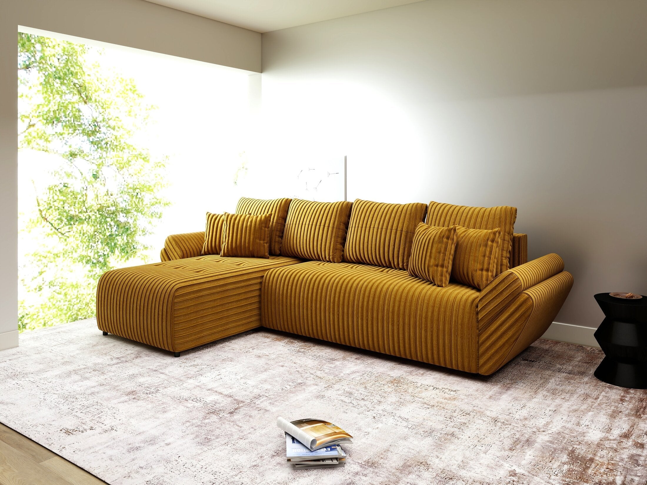 Colțar extensibil dumonde cu ladă de depozitare si sezut confortabil din spuma high-density, Berlin XL Ambience Mustar 350x185 cm