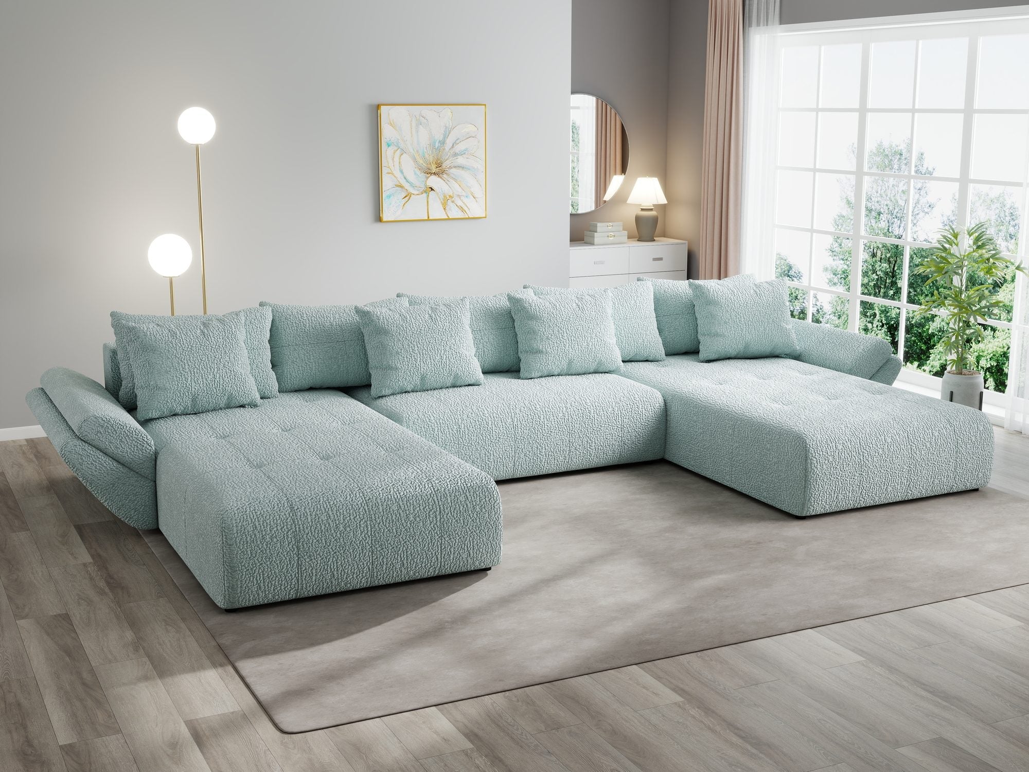 Colțar extensibil dumonde cu ladă de depozitare si sezut confortabil din spuma high-density, Berlin U Jaguar Verde Mint 16 380x180 cm