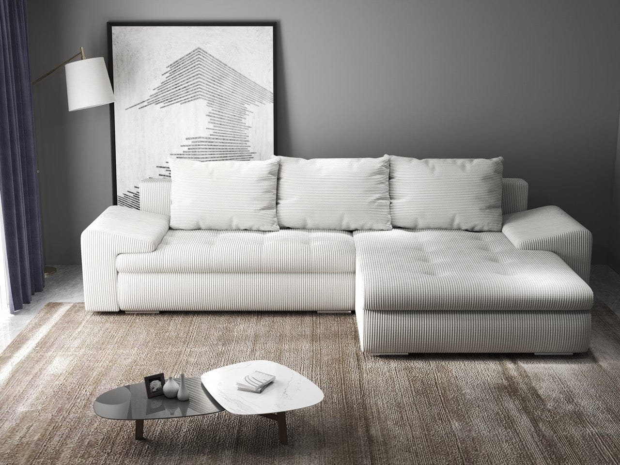 Colțar extensibil dumonde cu ladă de depozitare si sezut confortabil din spuma HR, Leonardo Zoom Crem 260x185 cm II Fabrica