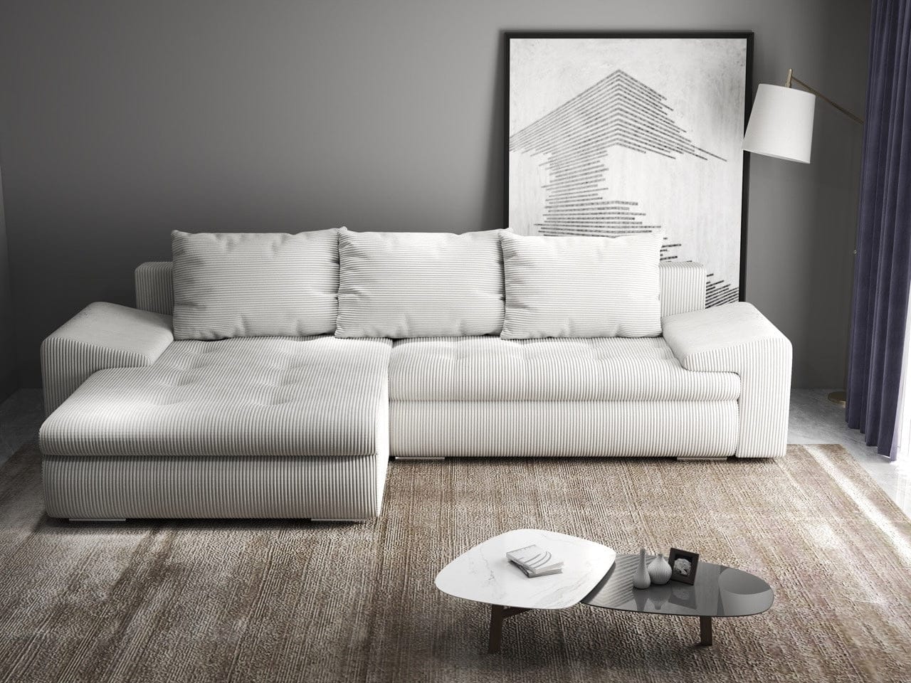 Colțar extensibil dumonde cu ladă de depozitare si sezut confortabil din spuma HR, Leonardo Zoom Crem 260x185 cm Fabrica