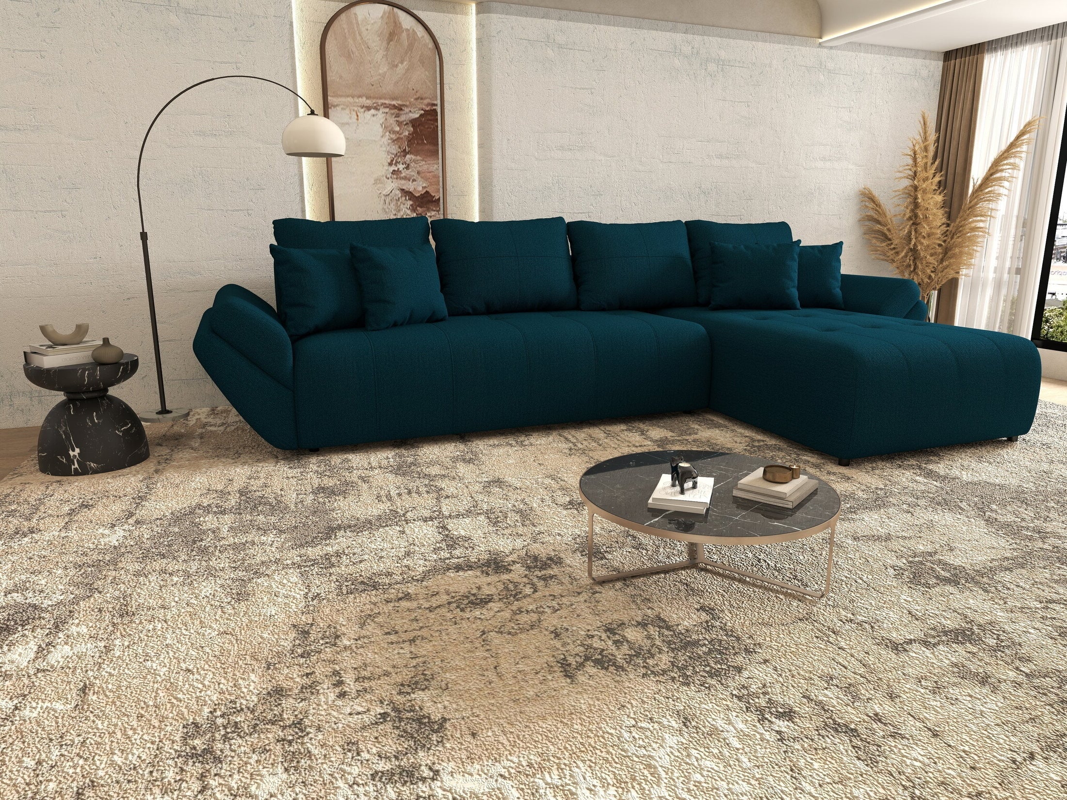 Colțar extensibil dumonde cu ladă de depozitare si sezut confortabil din spuma high-density, Berlin XL Enjoy Petrol 350x185 cm II