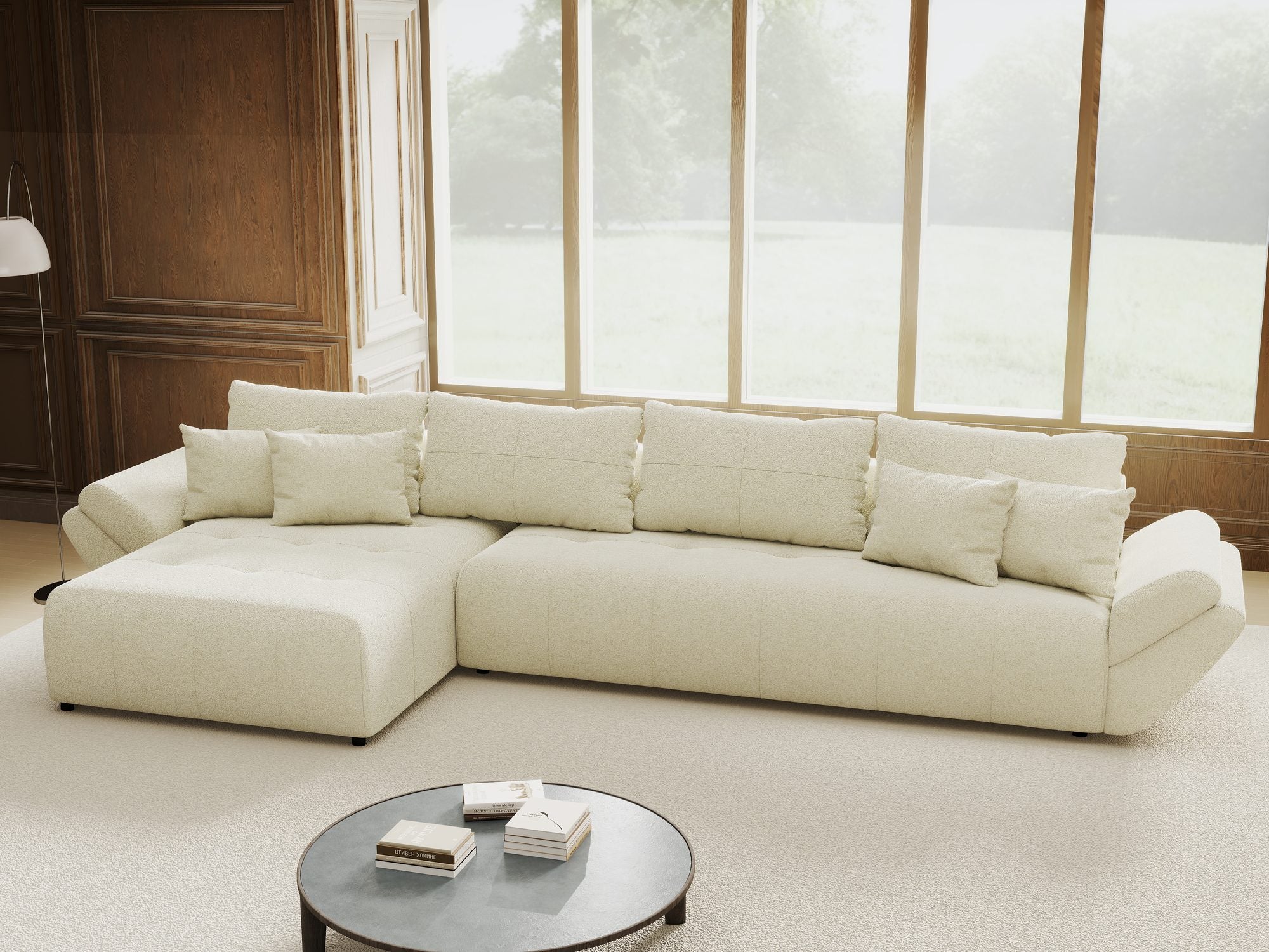 Colțar extensibil dumonde cu ladă de depozitare si sezut confortabil din spuma high-density, Berlin XL Quelle Bej 02 350x185 cm