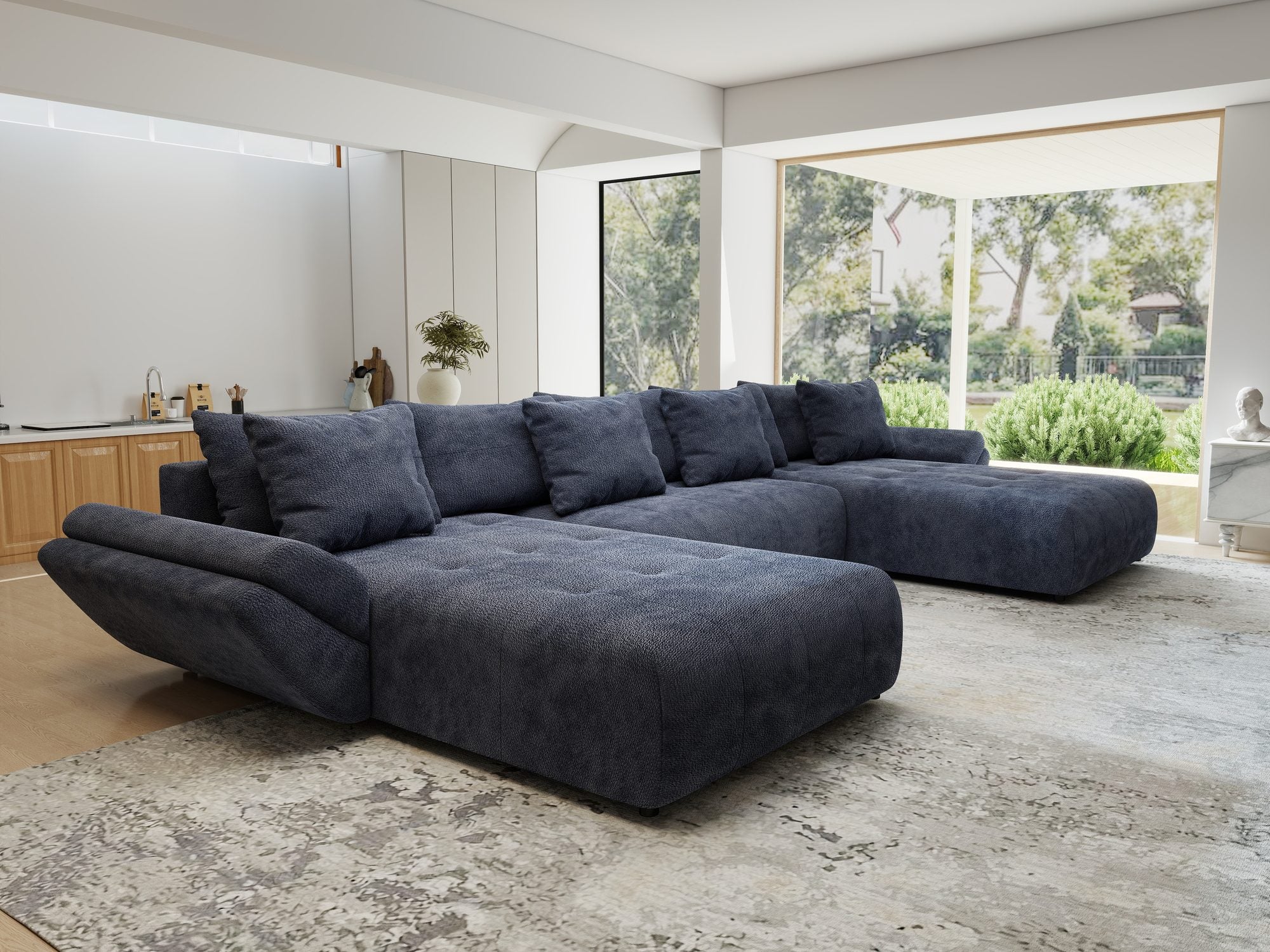 Colțar extensibil dumonde cu ladă de depozitare si sezut confortabil din spuma high-density, Berlin U Vibe Albastru 79 380x180 cm
