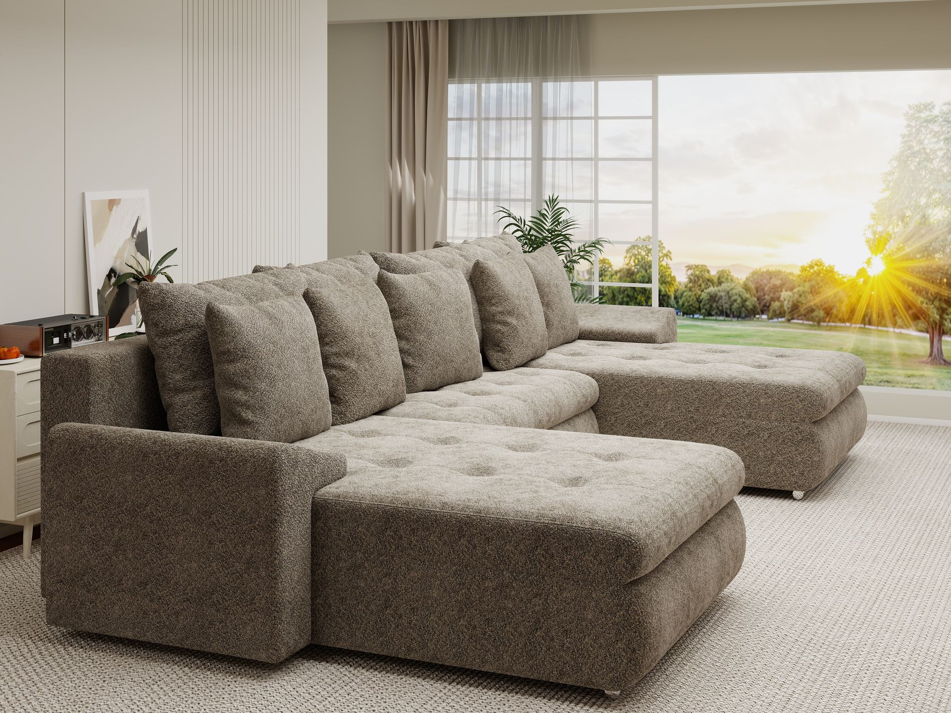 Colțar extensibil dumonde cu ladă de depozitare si sezut confortabil din spuma high-density, Leonardo U Arena Bej 04 360x185 cm