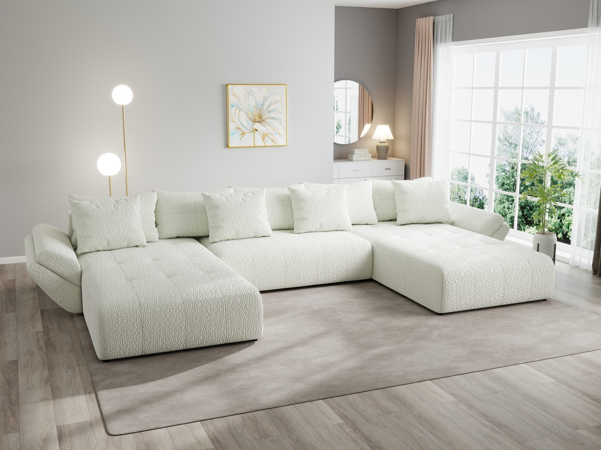 Colțar extensibil dumonde cu ladă de depozitare si sezut confortabil din spuma high-density, Berlin U Jaguar Ivory 1 380x180 cm