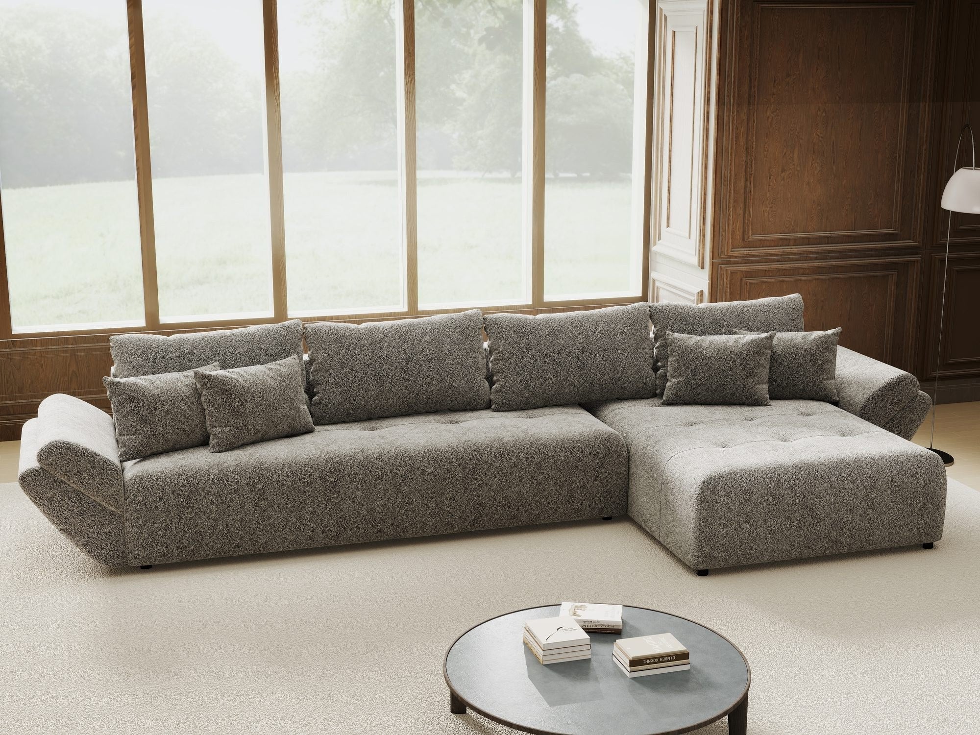 Colțar extensibil dumonde cu ladă de depozitare si sezut confortabil din spuma high-density, Berlin XL Arena Gri Grafit 18 II 350x185 cm
