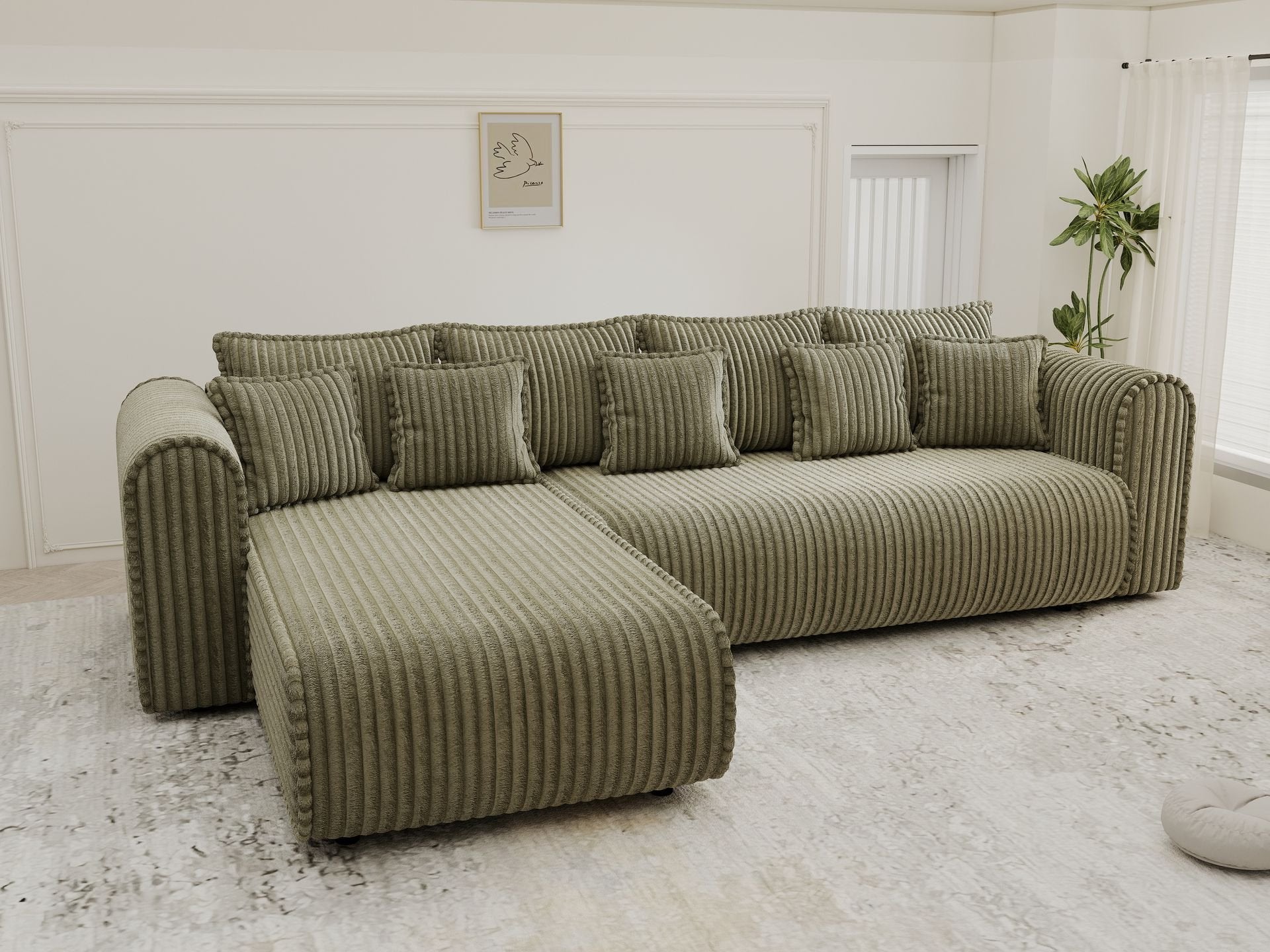 Colțar extensibil dumonde cu ladă de depozitare si sezut confortabil din spuma high-density, Monaco XL Tilia Olive 340x185 cm