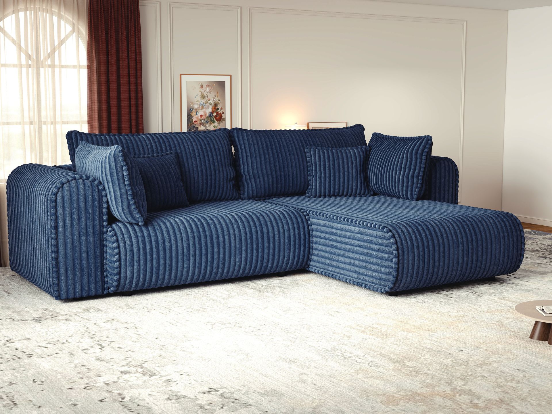 Colțar extensibil dumonde cu ladă de depozitare si sezut confortabil din spuma high-density, Monaco L Tilia Albastru II 270x100 cm