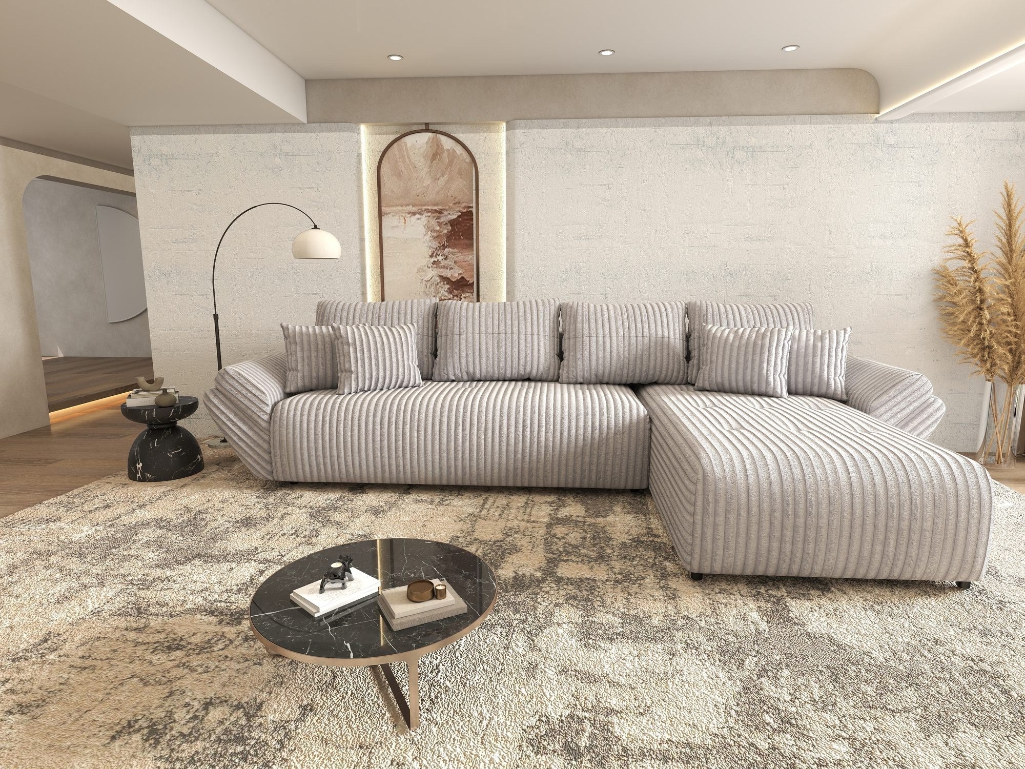 Colțar extensibil dumonde cu ladă de depozitare si sezut confortabil din spuma high-density, Berlin XL Tilia Gri 86 II 350x185 cm