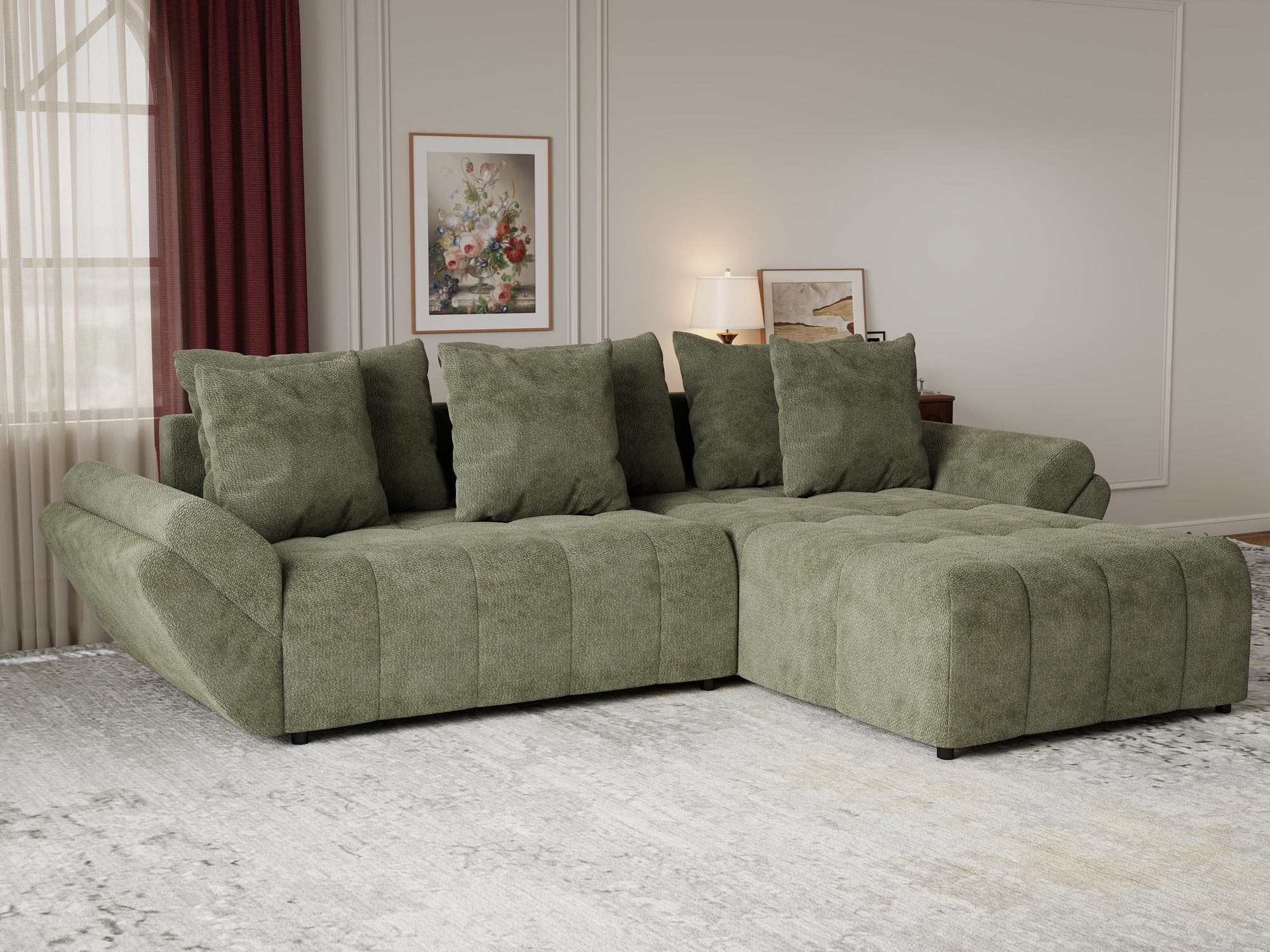 Colțar extensibil dumonde cu ladă de depozitare si sezut confortabil din spuma high-density, Berlin Vibe Olive 38 II 280x185 cm