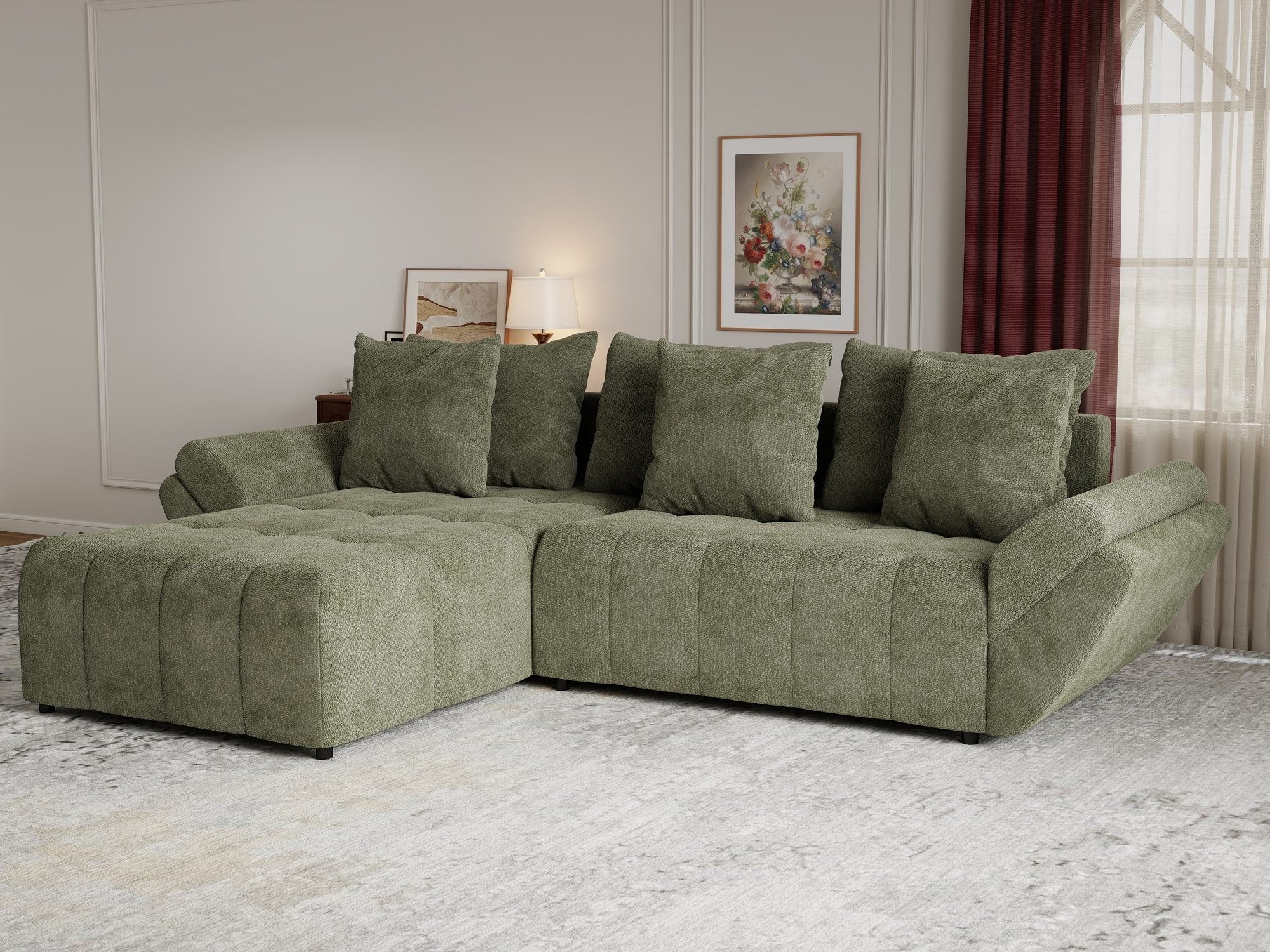 Colțar extensibil dumonde cu ladă de depozitare si sezut confortabil din spuma high-density, Berlin Vibe Olive 38 280x185 cm