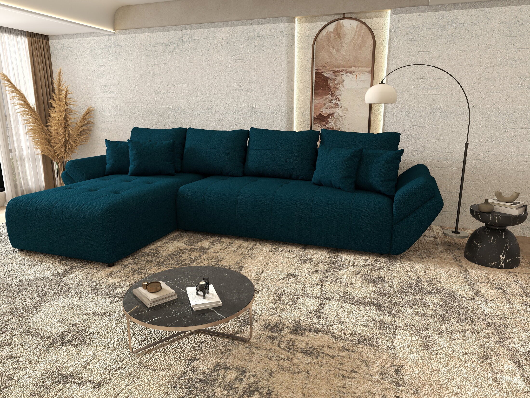 Colțar extensibil dumonde cu ladă de depozitare si sezut confortabil din spuma high-density, Berlin XL Enjoy Petrol 350x185 cm