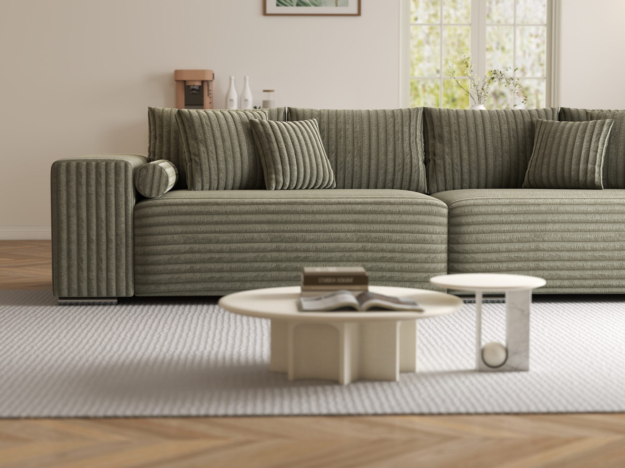Canapea extensibilă dumonde cu ladă de depozitare si sezut confortabil din spuma high-density, Marbela XXL Tilia Verde Olive 37 290x100 cm