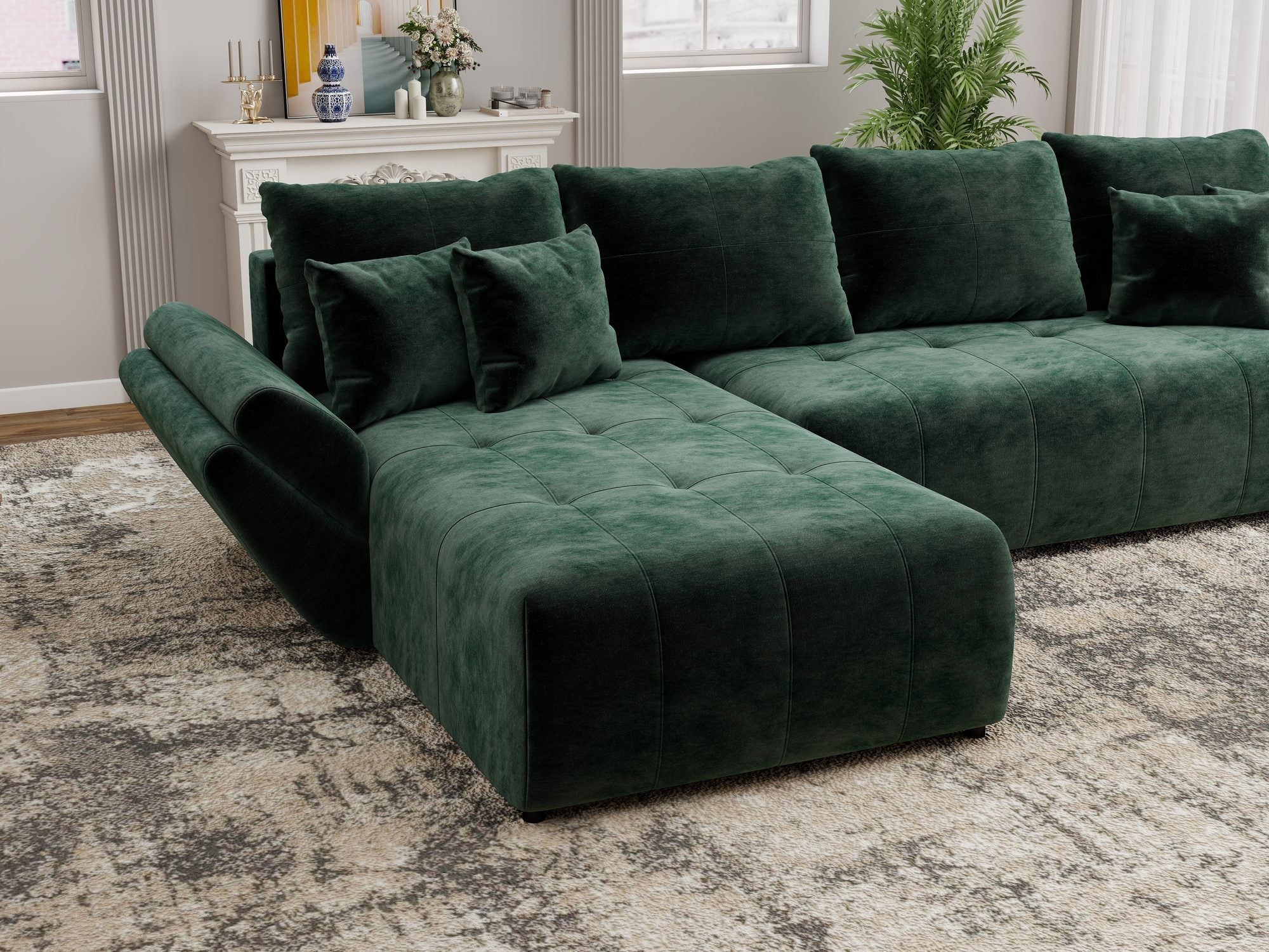 Colțar extensibil dumonde cu ladă de depozitare si sezut confortabil din spuma high-density, Berlin XL Monolith Verde 37 350x185 cm