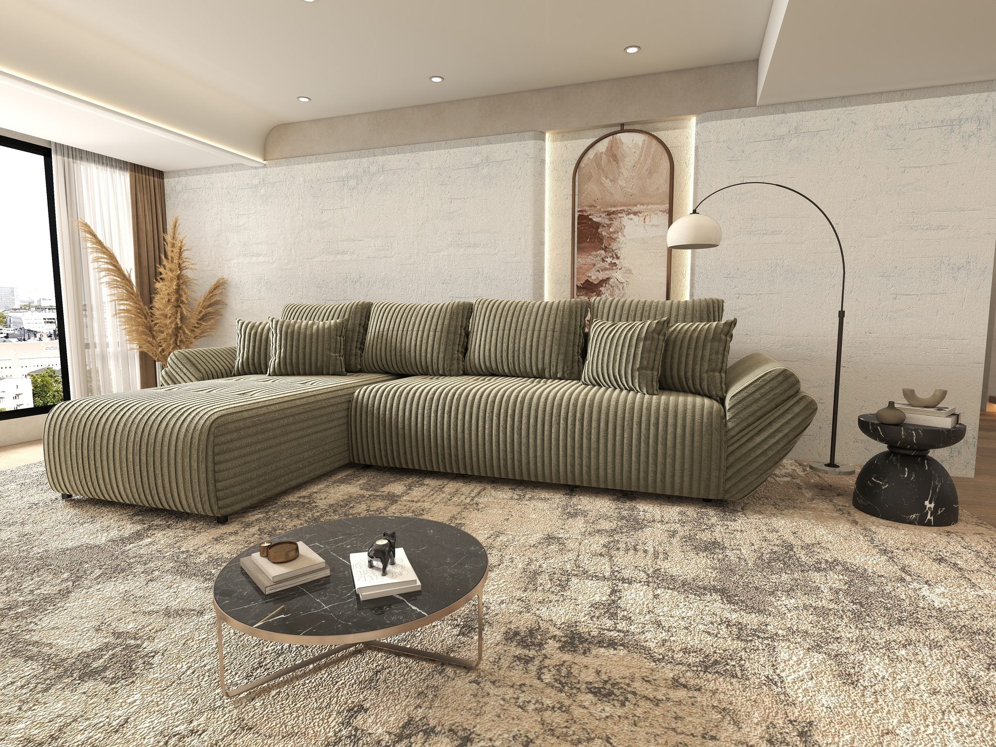 Colțar extensibil dumonde cu ladă de depozitare si sezut confortabil din spuma high-density, Berlin XL Tilia Verde Olive 37 350x185 cm
