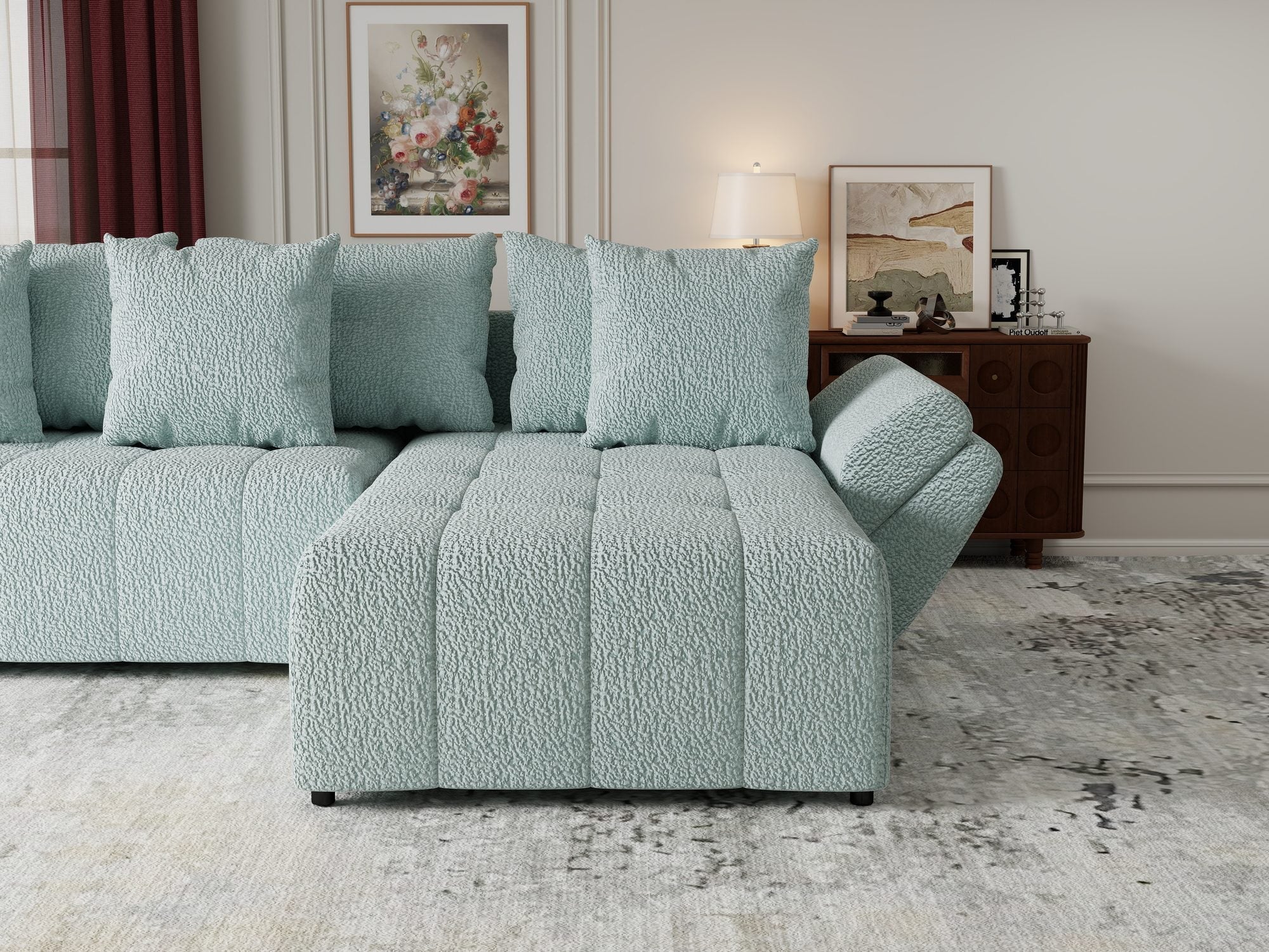 Colțar extensibil dumonde cu ladă de depozitare si sezut confortabil din spuma high-density, Berlin Jaguar Verde Mint 16 II 280x185 cm