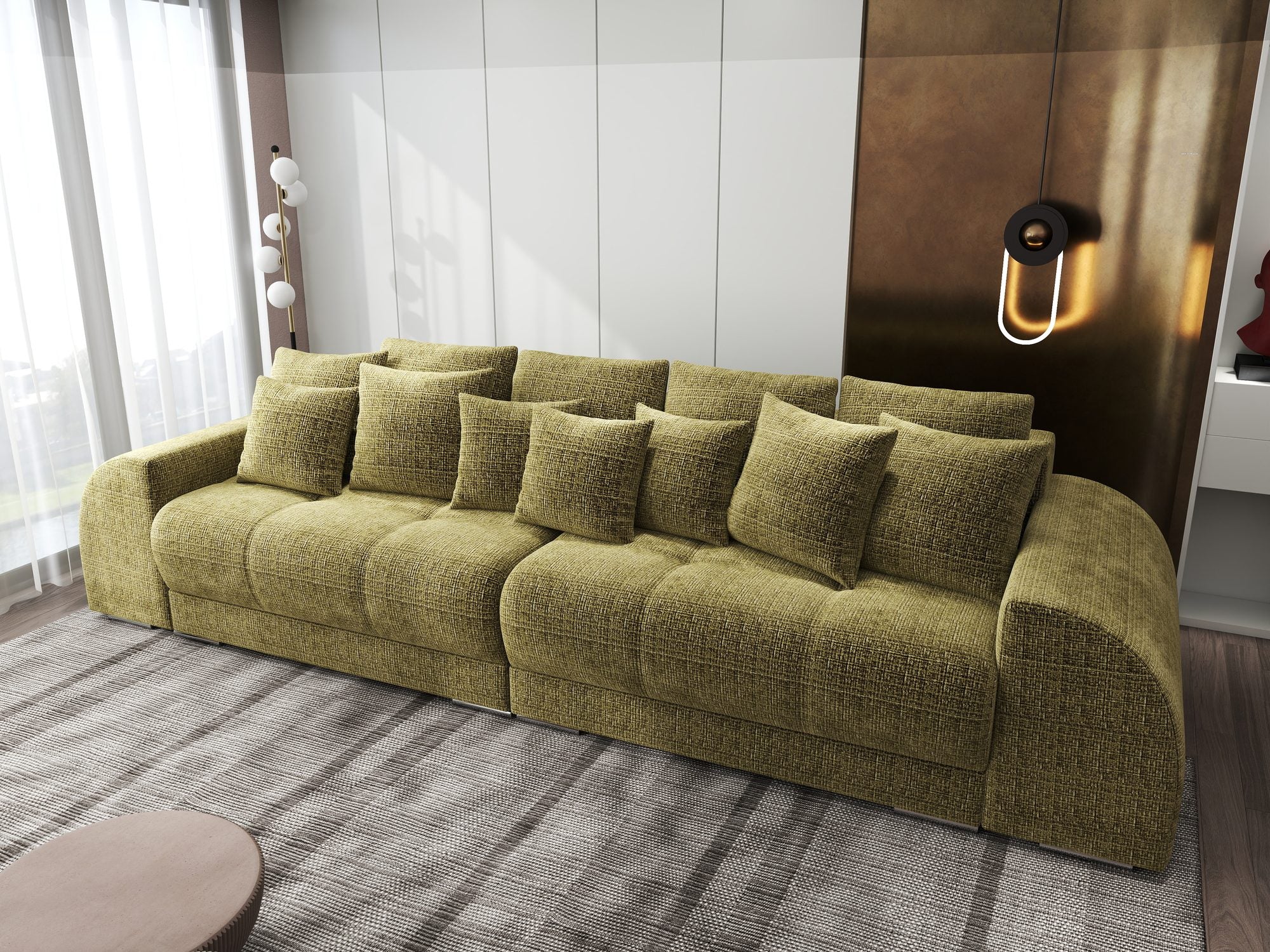 Canapea extensibilă dumonde cu 2 lăzi de depozitare si sezut confortabil din spuma high-density, Verona Cremona Olive 38 310x100 cm